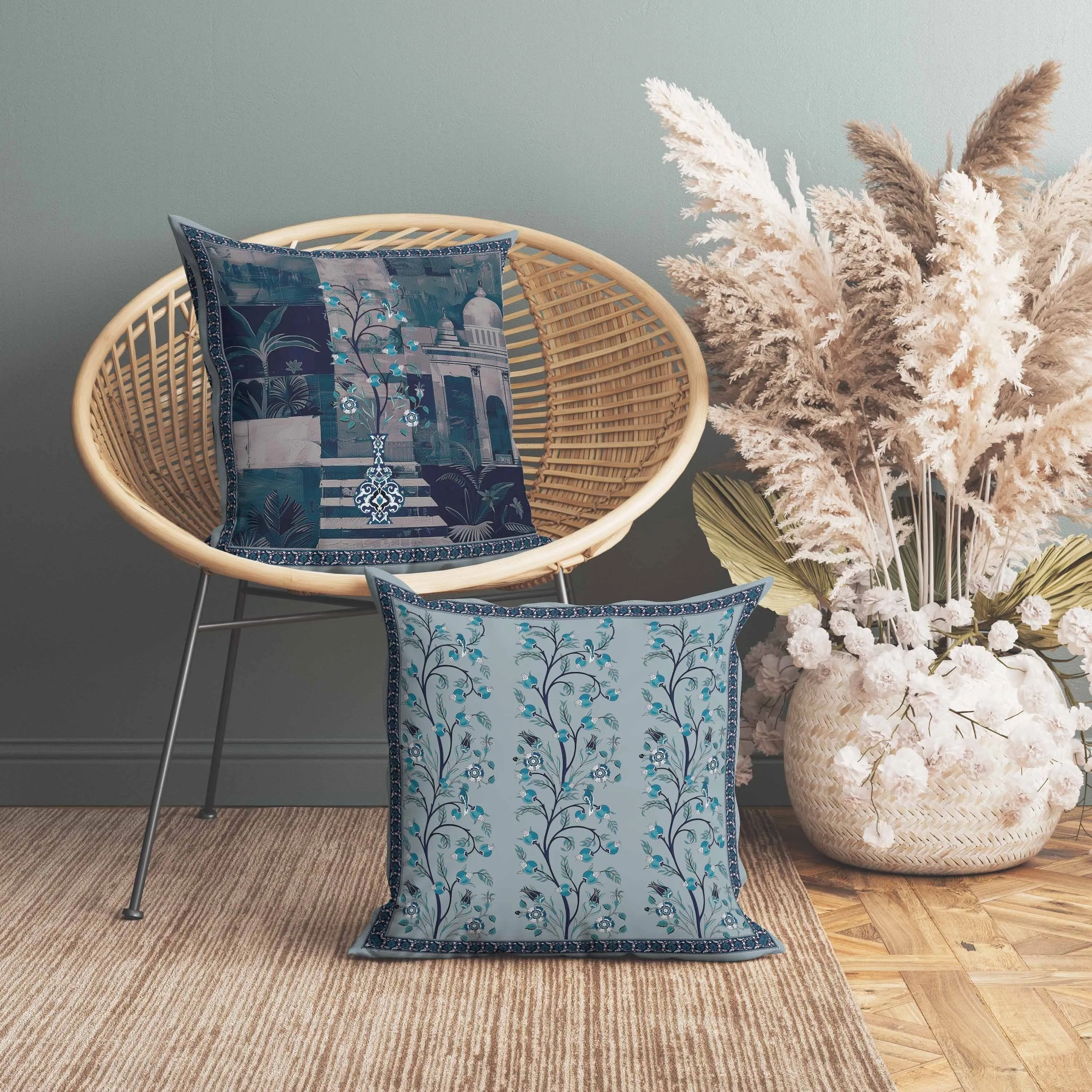 Shahi Garden Bloom Faux Suede Reversible Throw Pillow Cyan and Peach