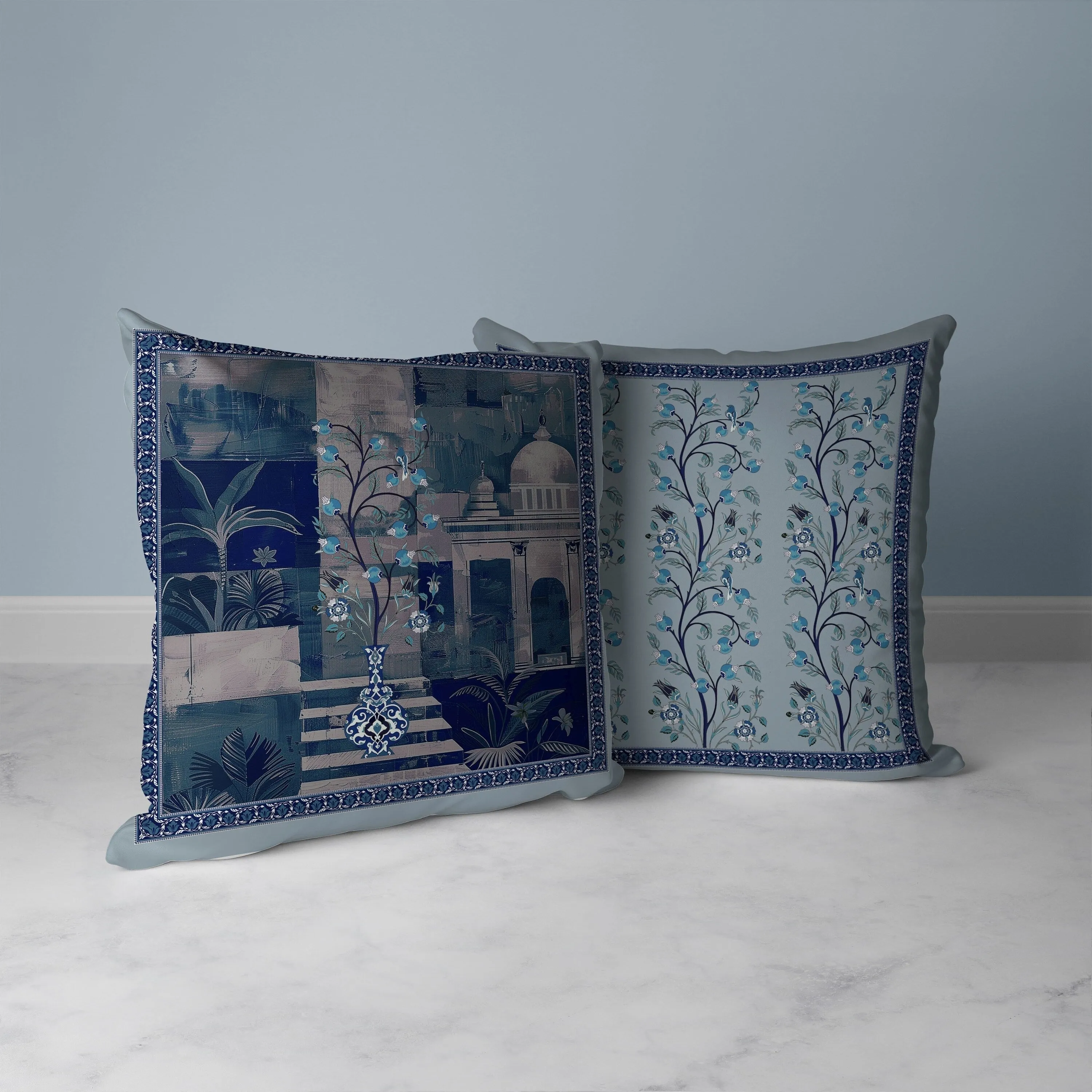 Shahi Garden Bloom Faux Suede Reversible Throw Pillow Cyan and Peach