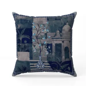 Shahi Garden Bloom Faux Suede Reversible Throw Pillow Cyan and Peach