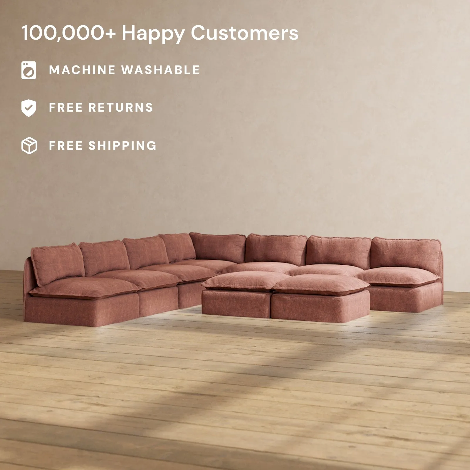 Slipcover Only - Modular Performance 7-Seater Open-Ends Corner Sectional   Bench Ottoman | Heirloom Velvet in Chestnut