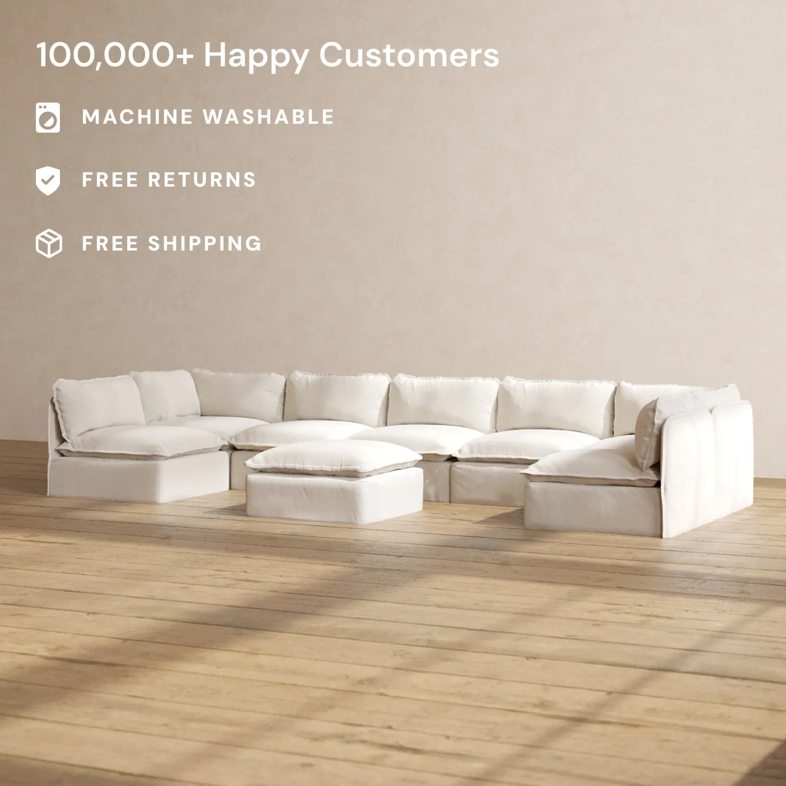Slipcover Only - Modular Performance 7-Seater Open-Ends U-Sectional   Ottoman | Blended Weave in Flour