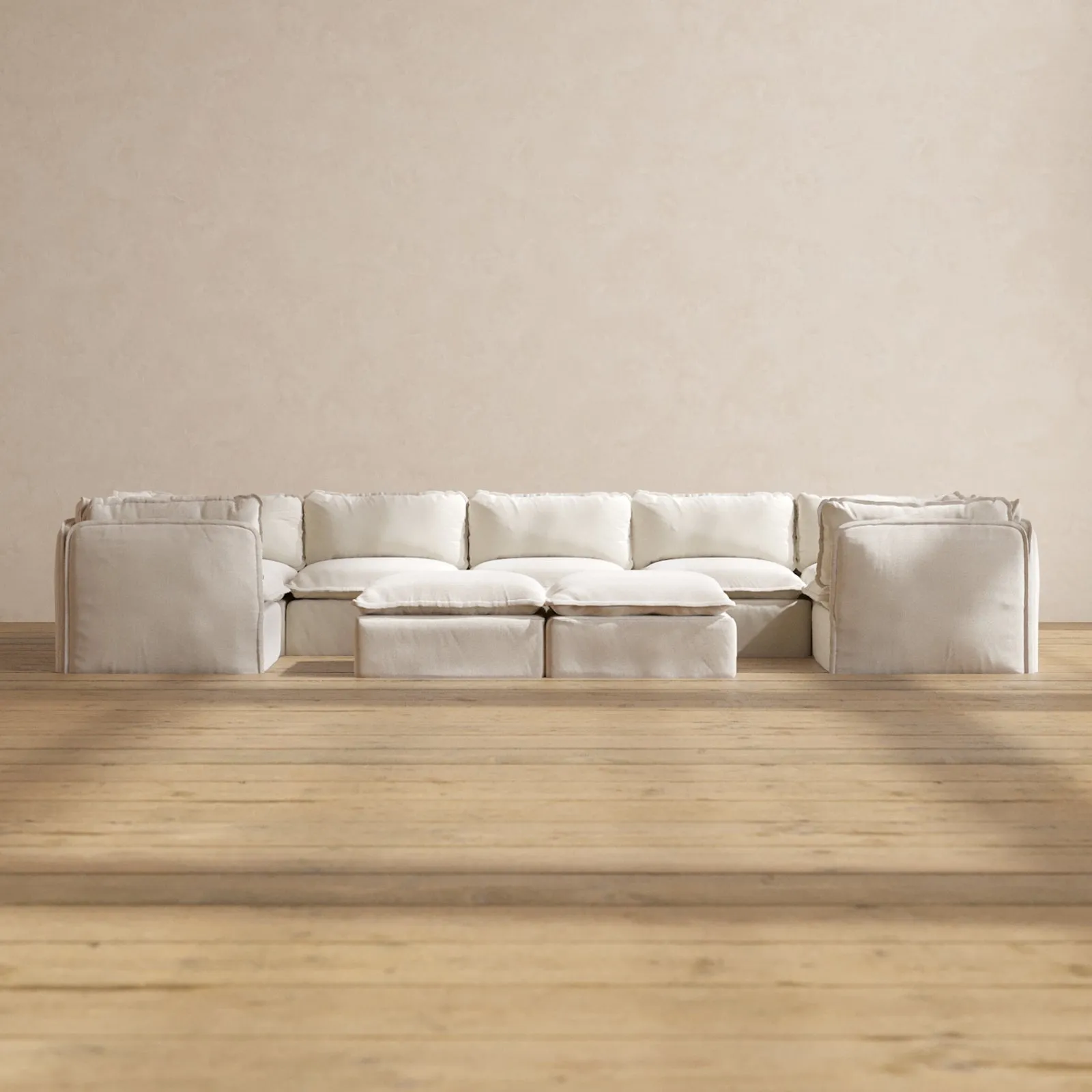 Slipcover Only - Modular Performance 7-Seater U-Sectional   Bench Ottoman | Blended Weave in Flour