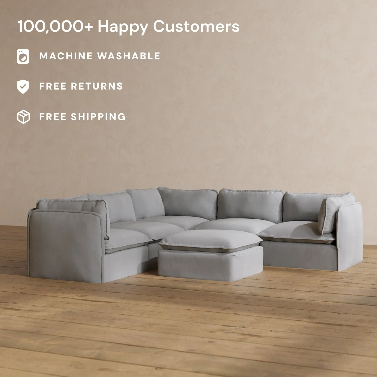 Slipcover Only - Modular Washable 4-Seater Corner Sectional   Ottoman in Pumice