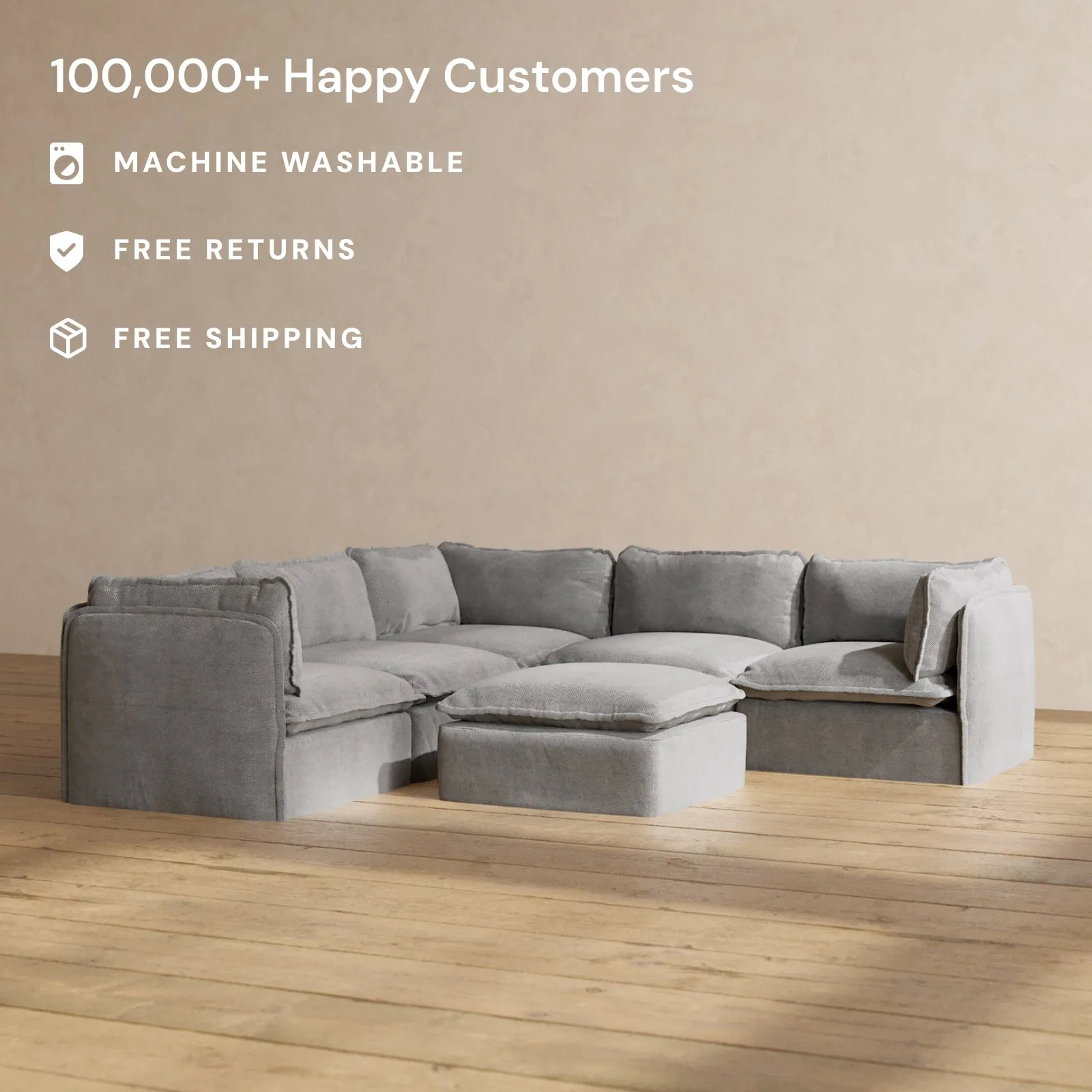 Slipcover Only - Modular Washable 5-Seater Corner Sectional   Ottoman in Ash