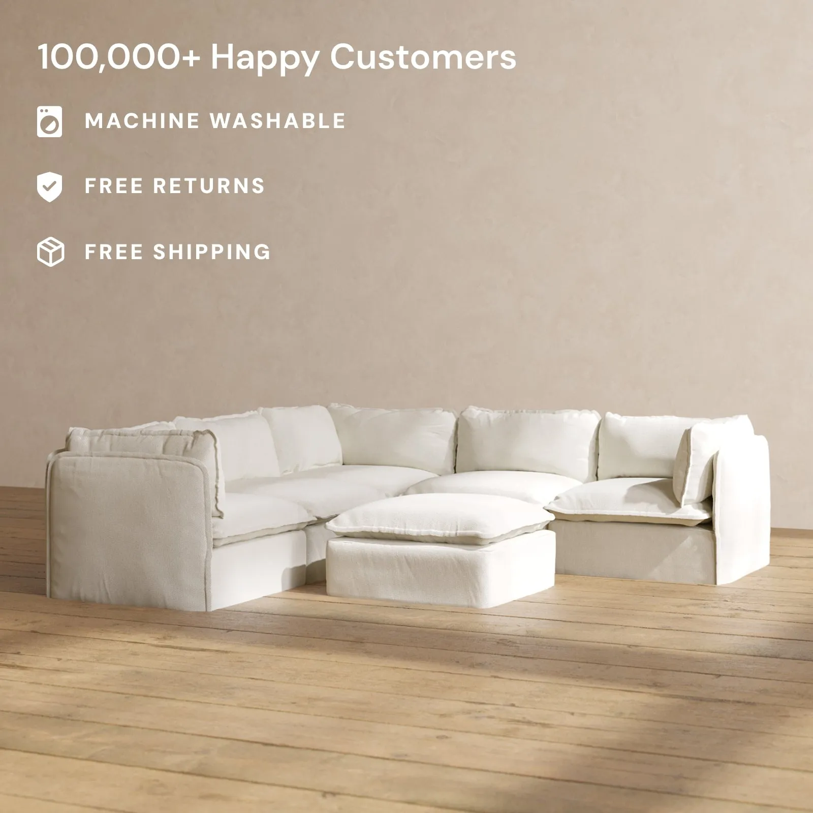 Slipcover Only - Modular Washable 5-Seater Corner Sectional   Ottoman in Eggshell