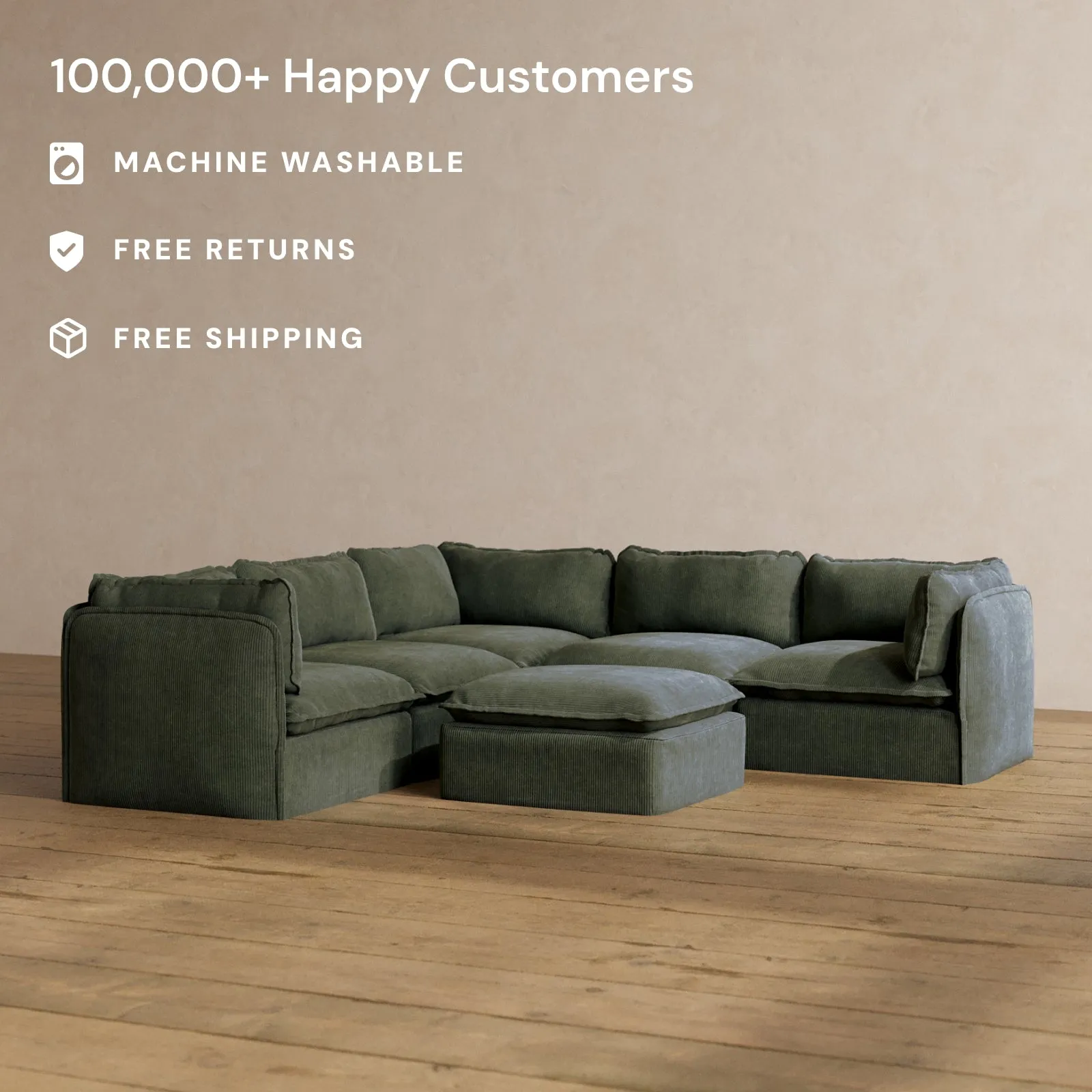 Slipcover Only - Modular Washable 5-Seater Corner Sectional   Ottoman in Olivine