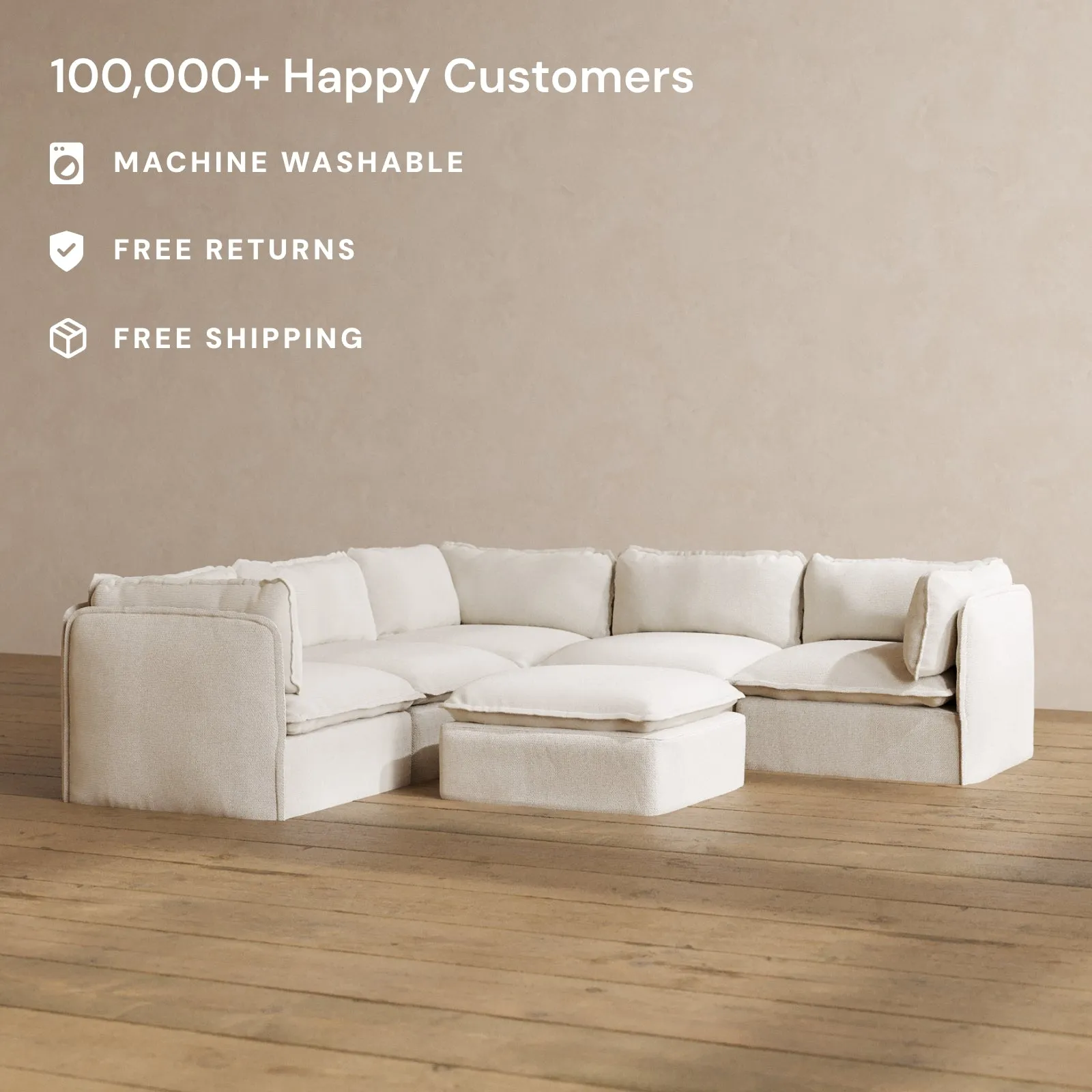 Slipcover Only - Modular Washable 5-Seater Corner Sectional   Ottoman in Powder