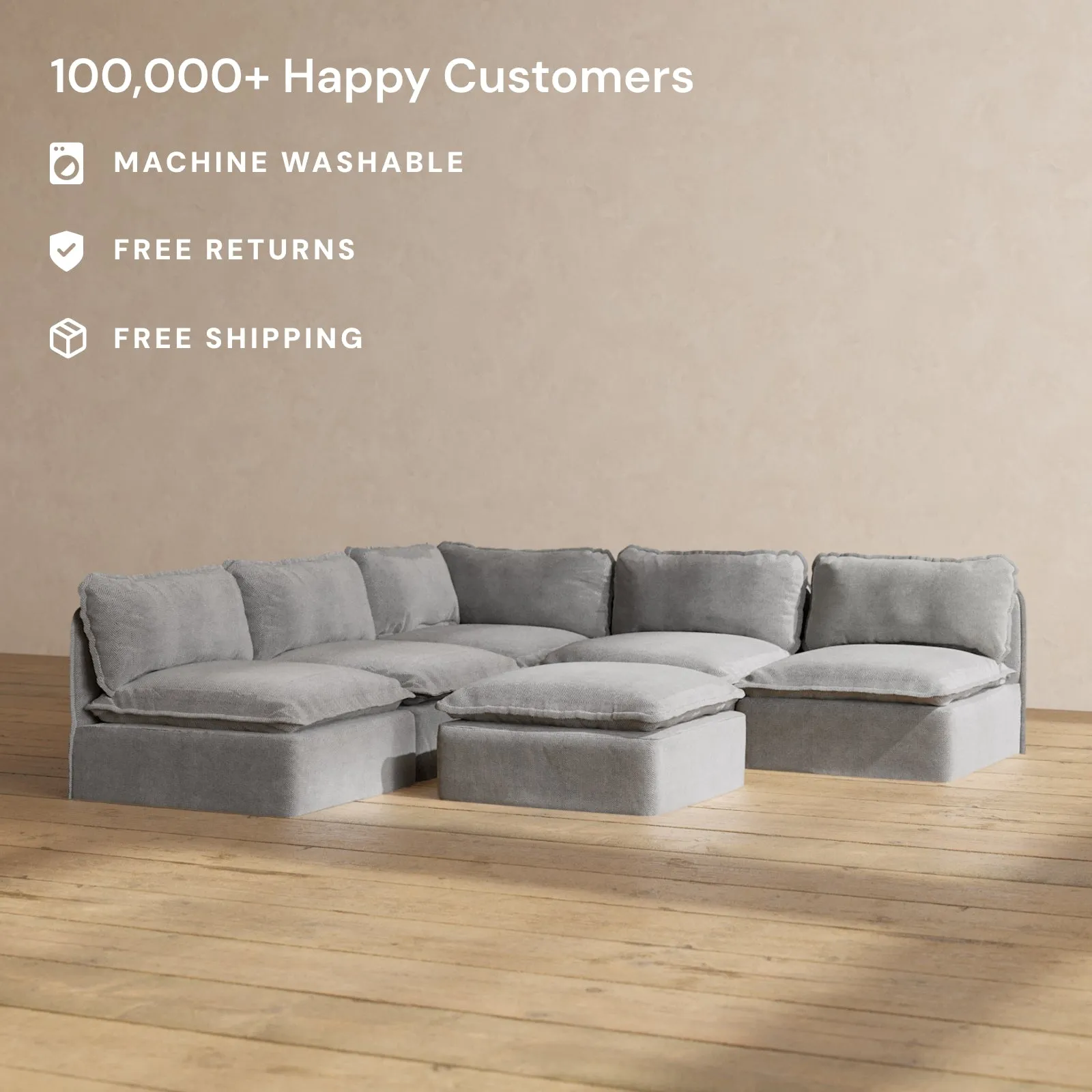 Slipcover Only - Modular Washable 5-Seater Open-Ends Corner Sectional   Ottoman in Ash