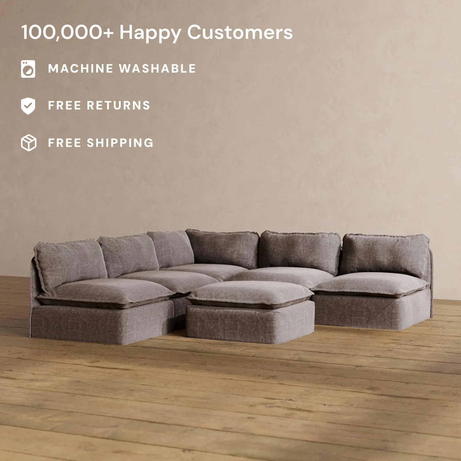 Slipcover Only - Modular Washable 5-Seater Open-Ends Corner Sectional   Ottoman in Caviar