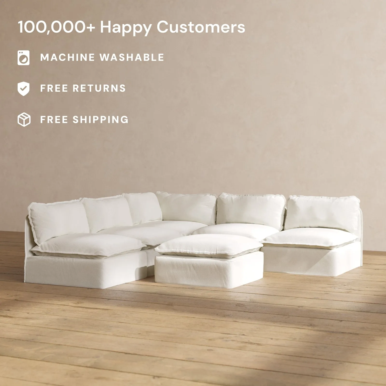 Slipcover Only - Modular Washable 5-Seater Open-Ends Corner Sectional   Ottoman in Eggshell