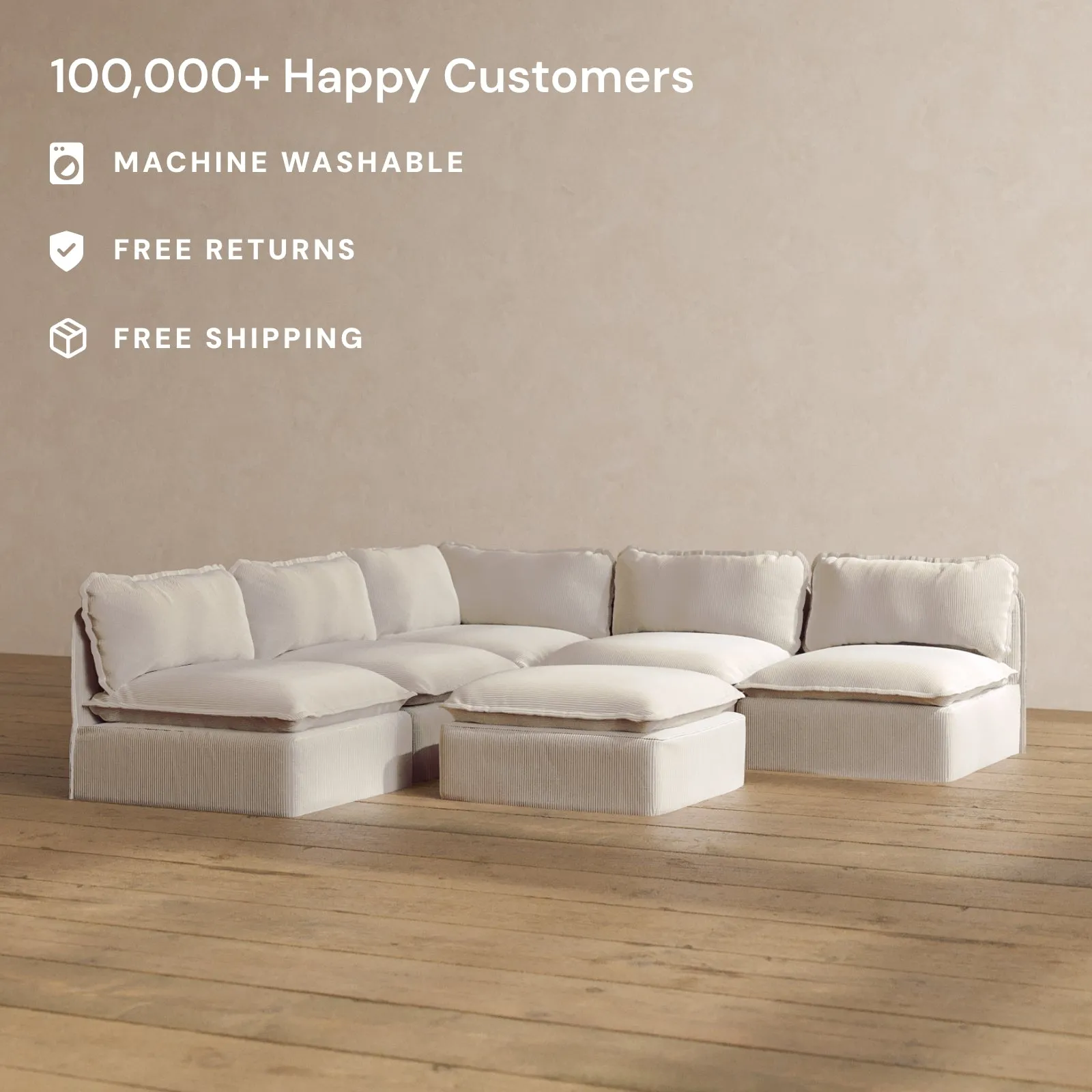 Slipcover Only - Modular Washable 5-Seater Open-Ends Corner Sectional   Ottoman in Milk