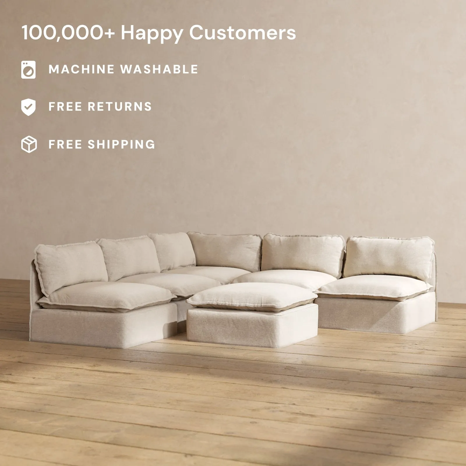 Slipcover Only - Modular Washable 5-Seater Open-Ends Corner Sectional   Ottoman in Oat