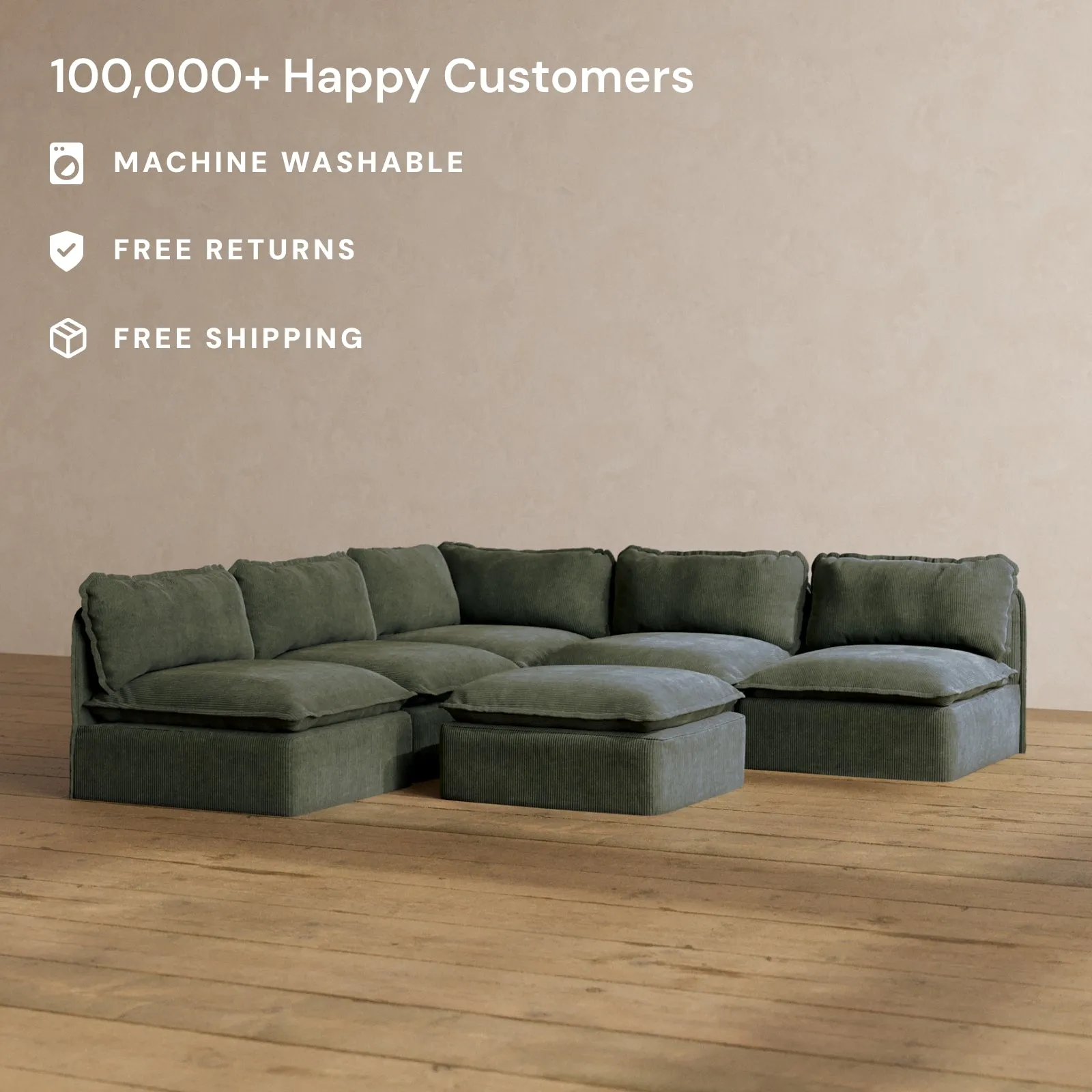 Slipcover Only - Modular Washable 5-Seater Open-Ends Corner Sectional   Ottoman in Olivine