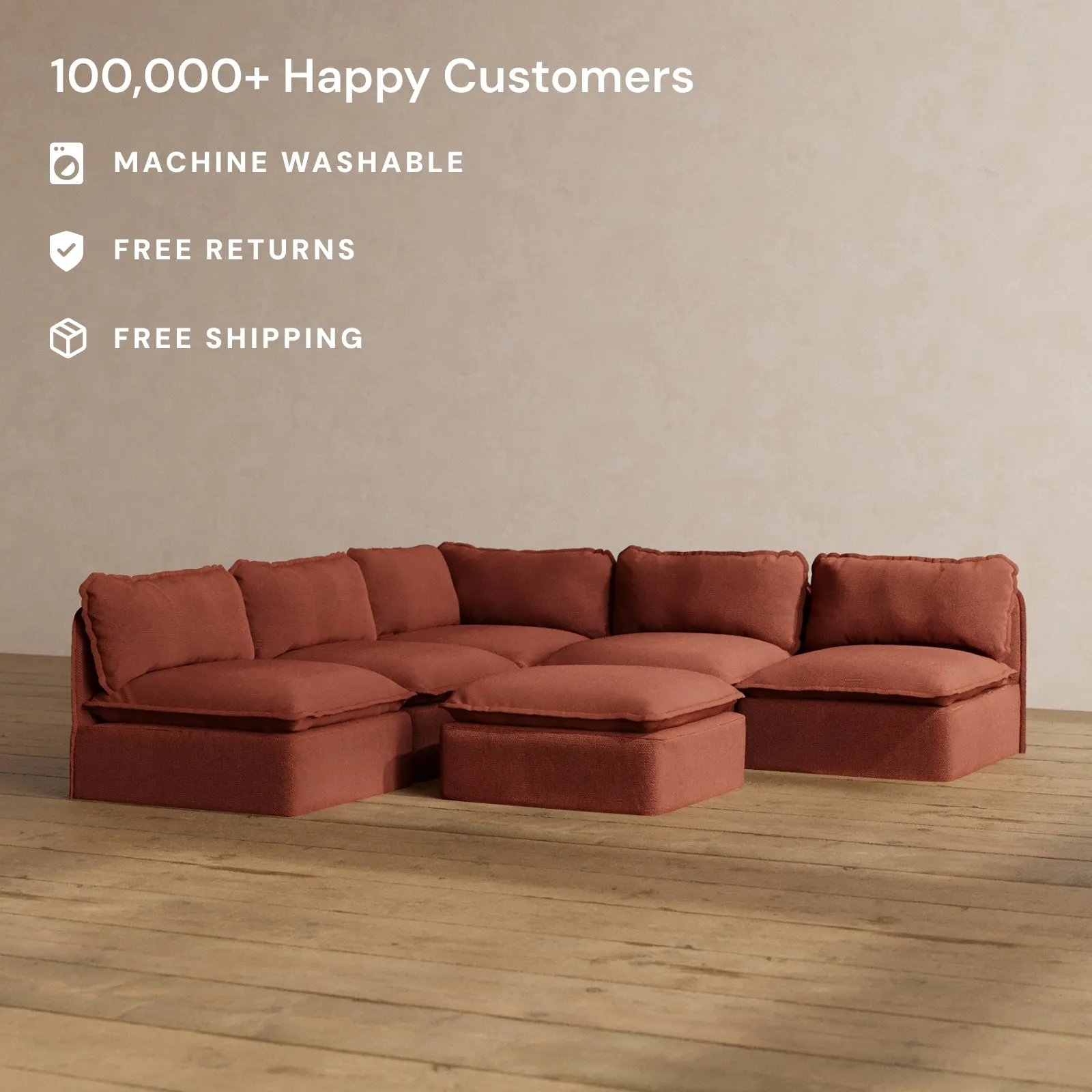 Slipcover Only - Modular Washable 5-Seater Open-Ends Corner Sectional   Ottoman in Rust