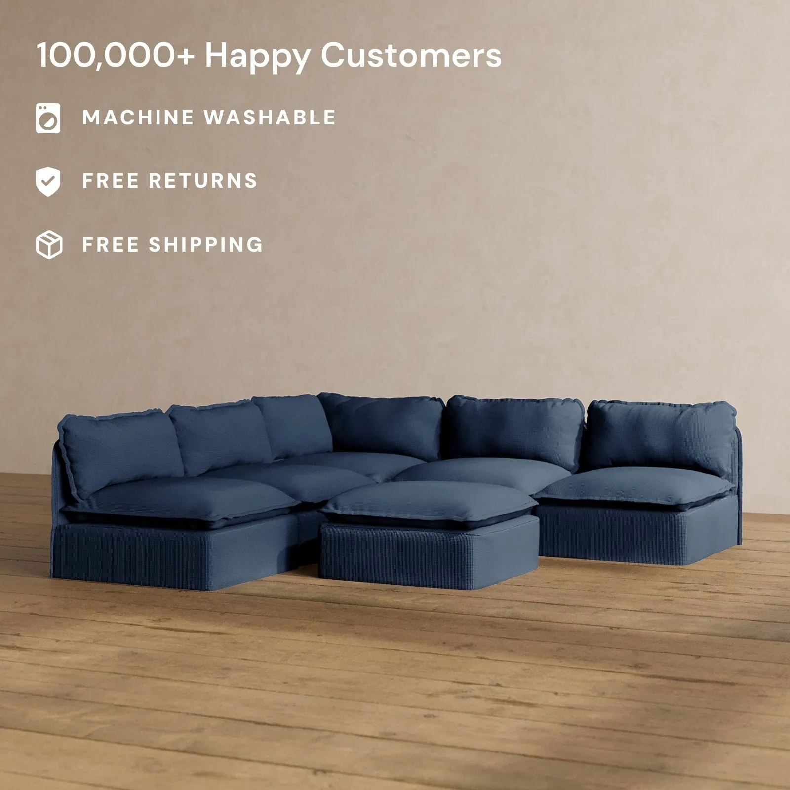 Slipcover Only - Modular Washable 5-Seater Open-Ends Corner Sectional   Ottoman in Sumi