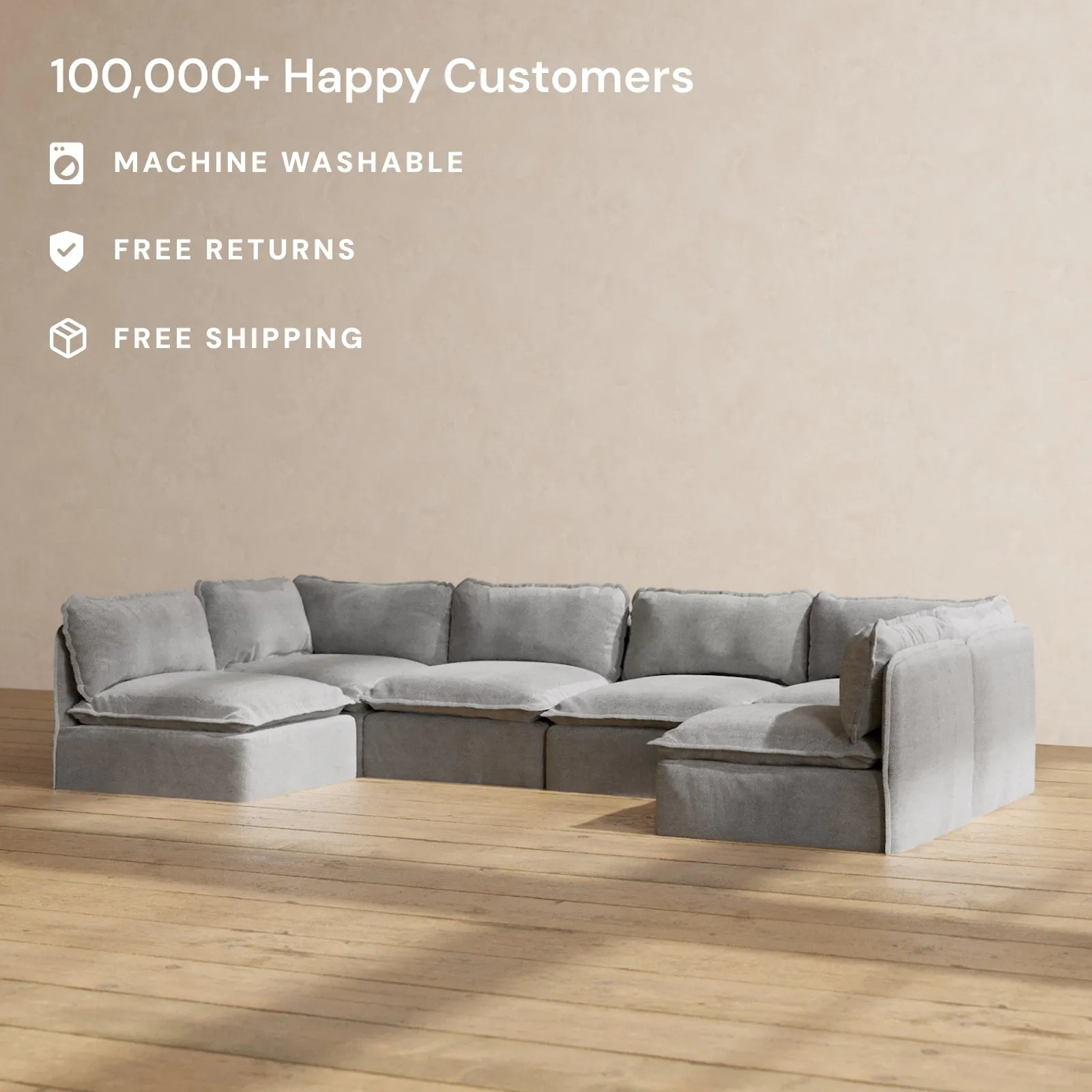 Slipcover Only - Modular Washable 6-Seater Open-Ends U-Sectional in Ash