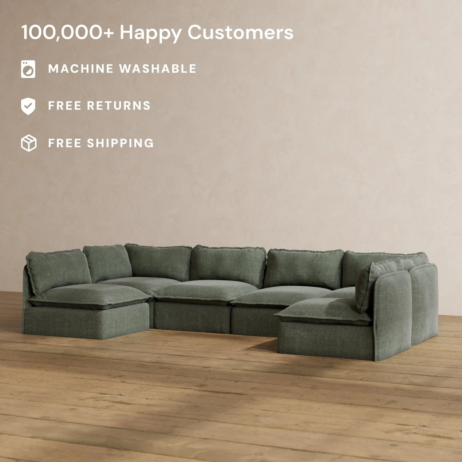 Slipcover Only - Modular Washable 6-Seater Open-Ends U-Sectional in Willow