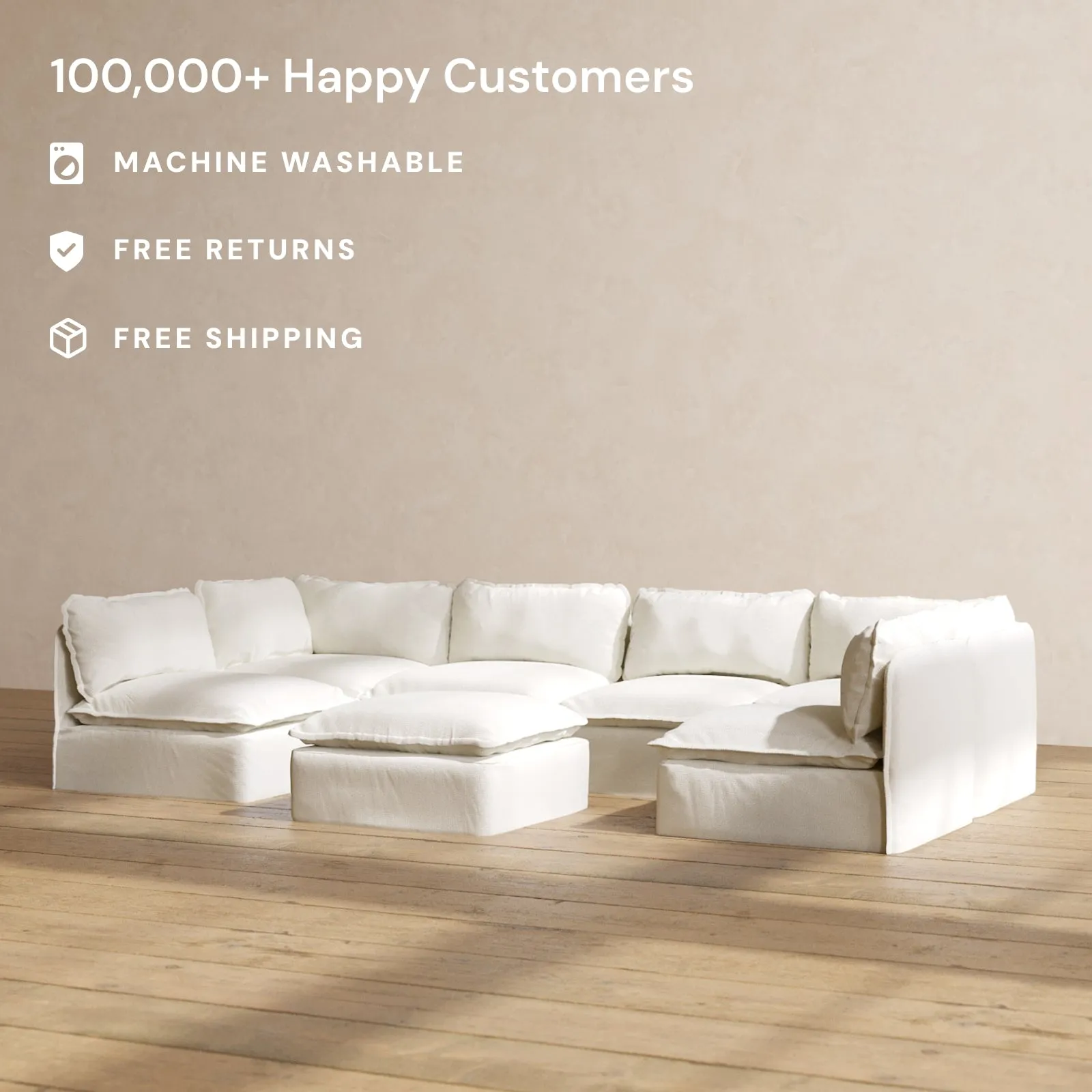Slipcover Only - Modular Washable 6-Seater Open-Ends U-Sectional   Ottoman in Eggshell