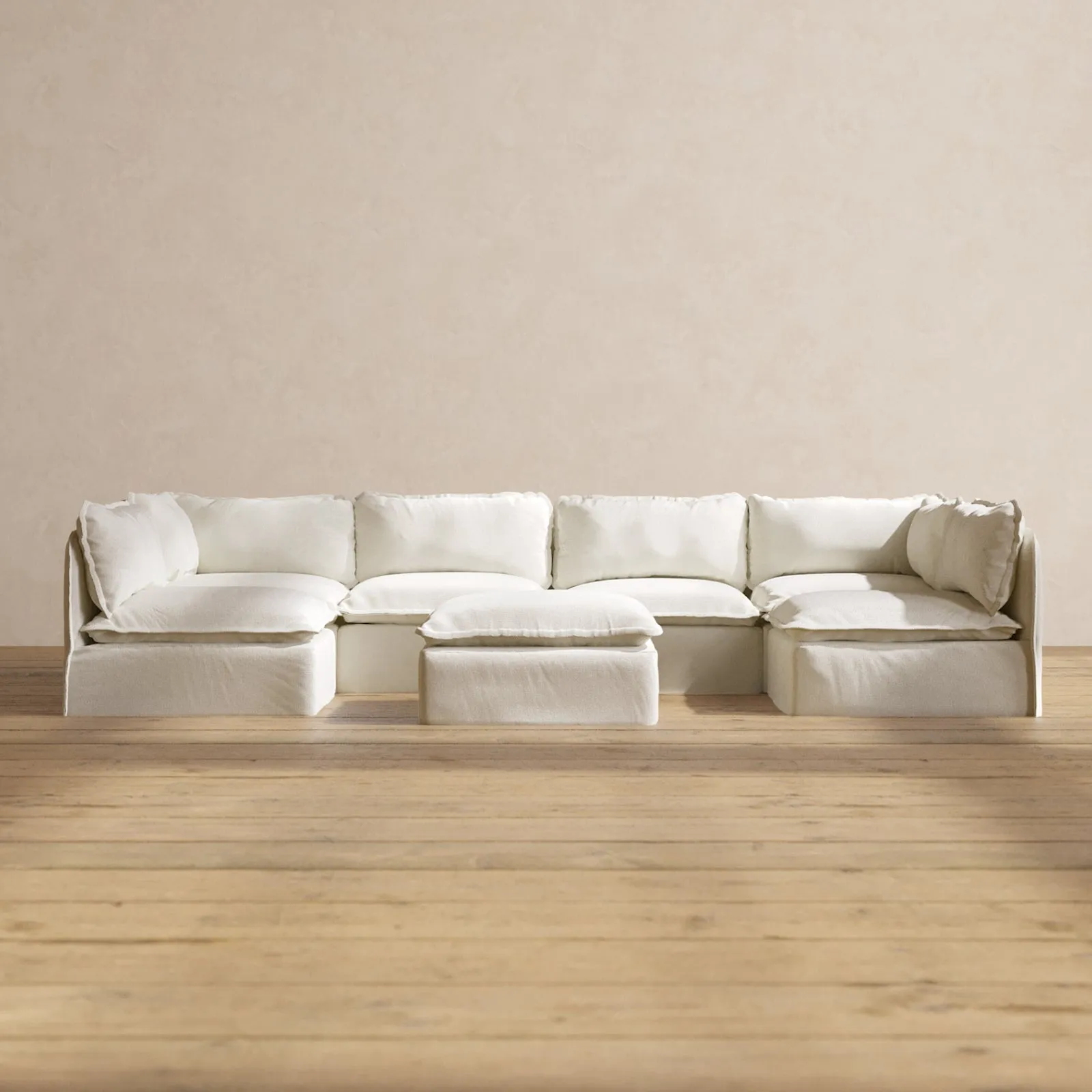 Slipcover Only - Modular Washable 6-Seater Open-Ends U-Sectional   Ottoman in Eggshell