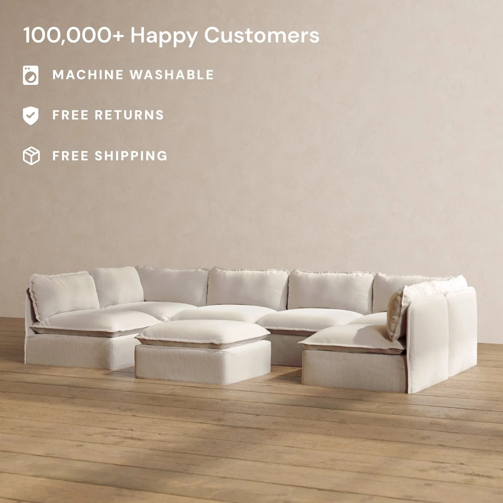 Slipcover Only - Modular Washable 6-Seater Open-Ends U-Sectional   Ottoman in Milk