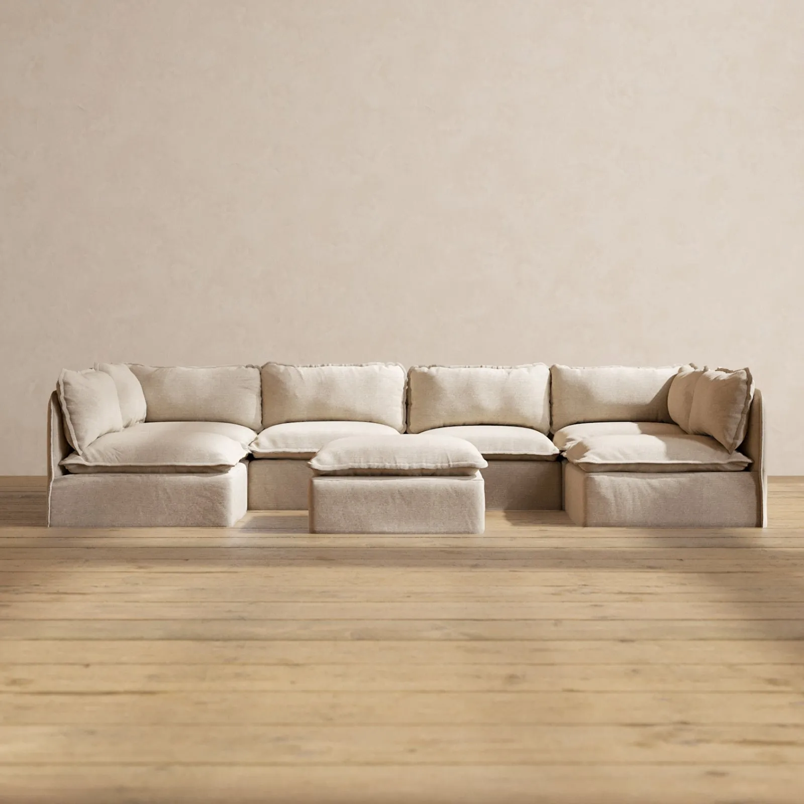 Slipcover Only - Modular Washable 6-Seater Open-Ends U-Sectional   Ottoman in Oat