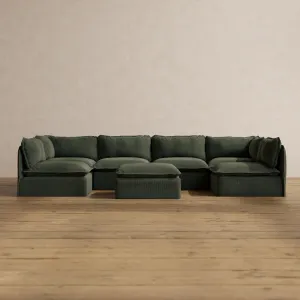 Slipcover Only - Modular Washable 6-Seater Open-Ends U-Sectional   Ottoman in Olivine