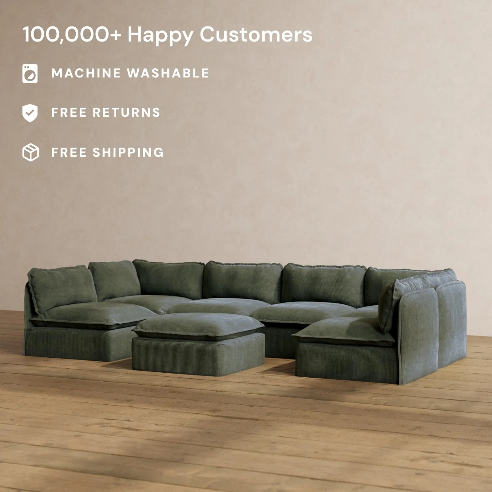 Slipcover Only - Modular Washable 6-Seater Open-Ends U-Sectional   Ottoman in Olivine
