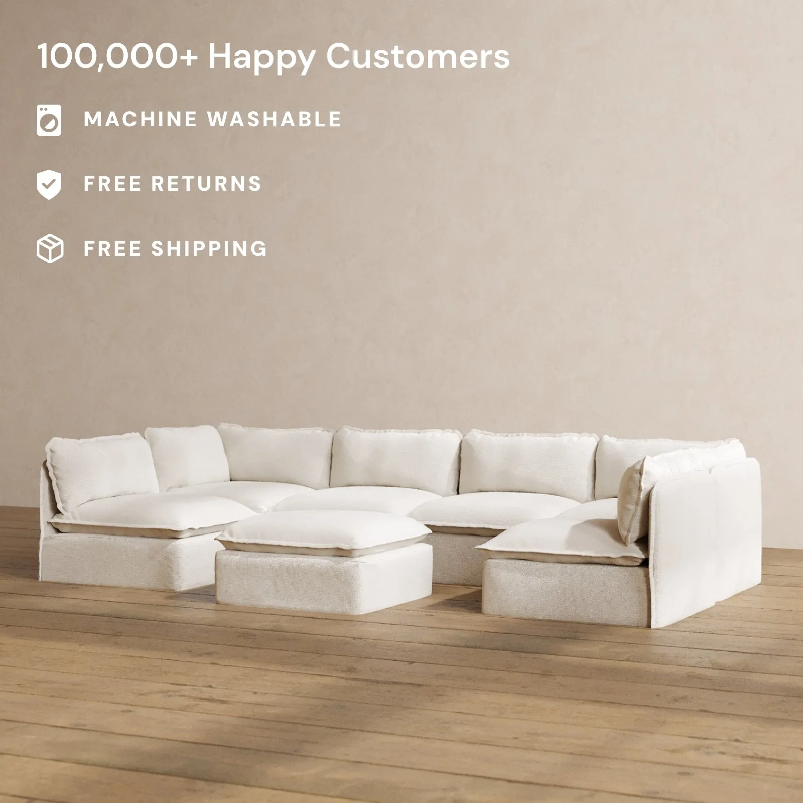 Slipcover Only - Modular Washable 6-Seater Open-Ends U-Sectional   Ottoman in Powder