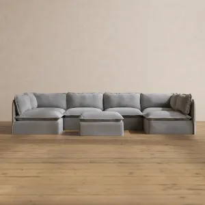 Slipcover Only - Modular Washable 6-Seater Open-Ends U-Sectional   Ottoman in Pumice