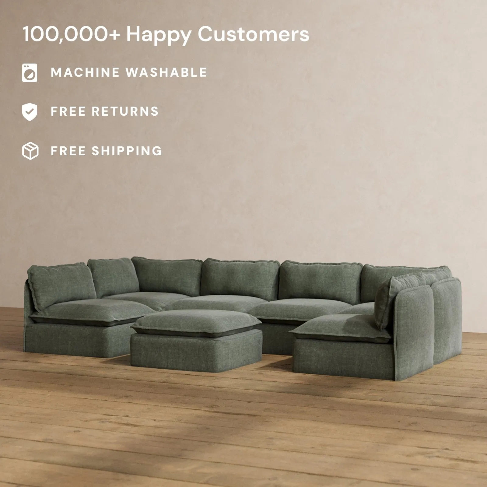 Slipcover Only - Modular Washable 6-Seater Open-Ends U-Sectional   Ottoman in Willow