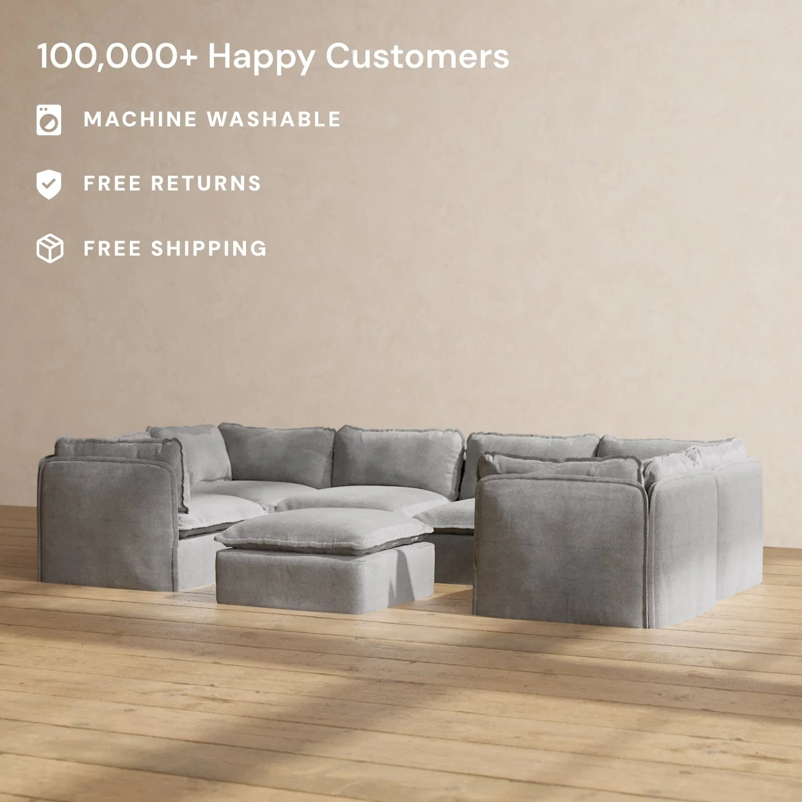 Slipcover Only - Modular Washable 6-Seater U-Sectional   Ottoman in Ash
