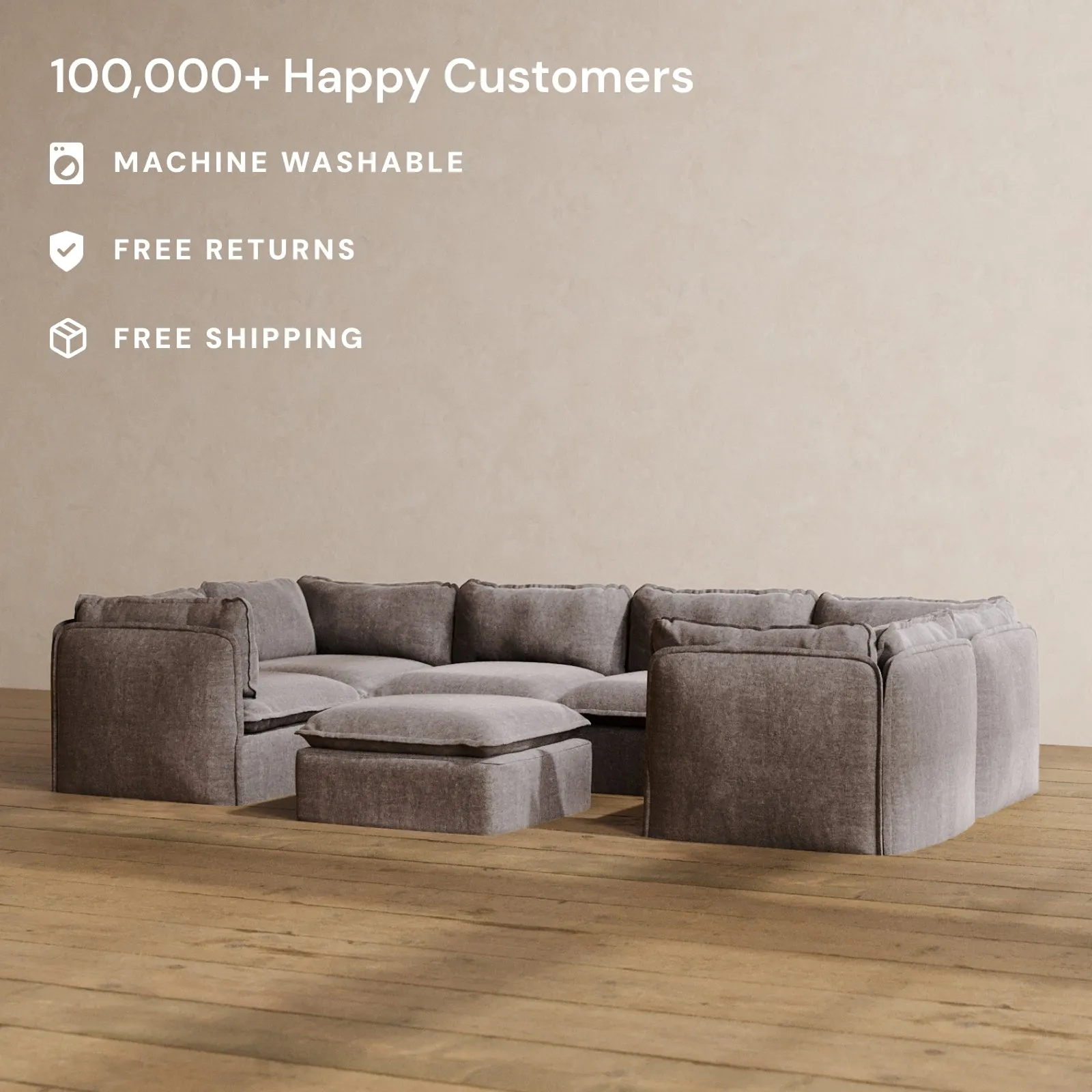 Slipcover Only - Modular Washable 6-Seater U-Sectional   Ottoman in Caviar