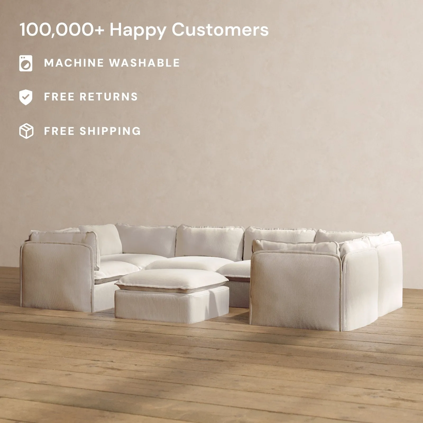 Slipcover Only - Modular Washable 6-Seater U-Sectional   Ottoman in Milk