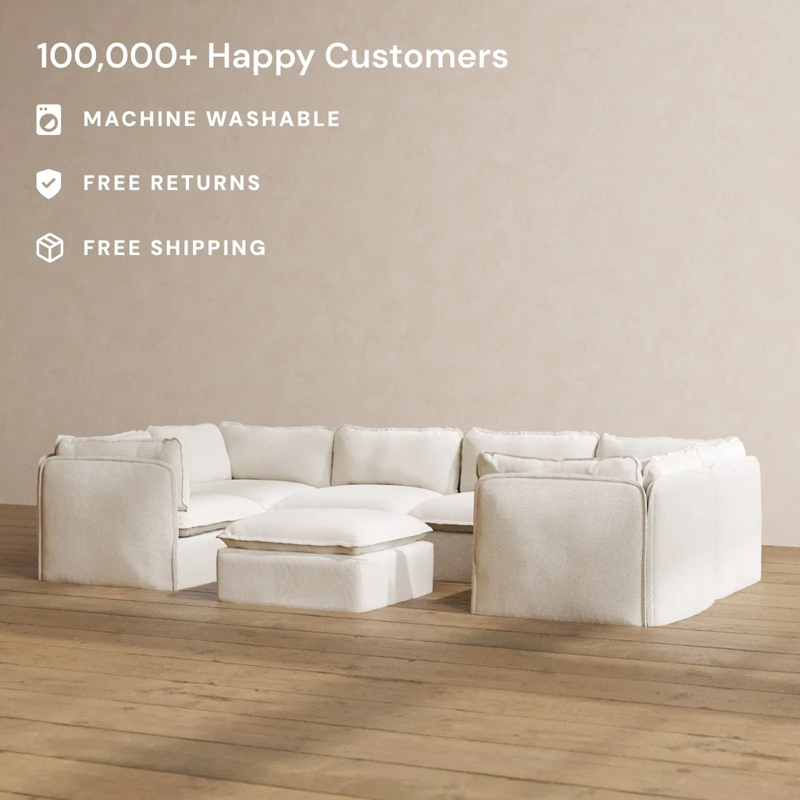 Slipcover Only - Modular Washable 6-Seater U-Sectional   Ottoman in Powder