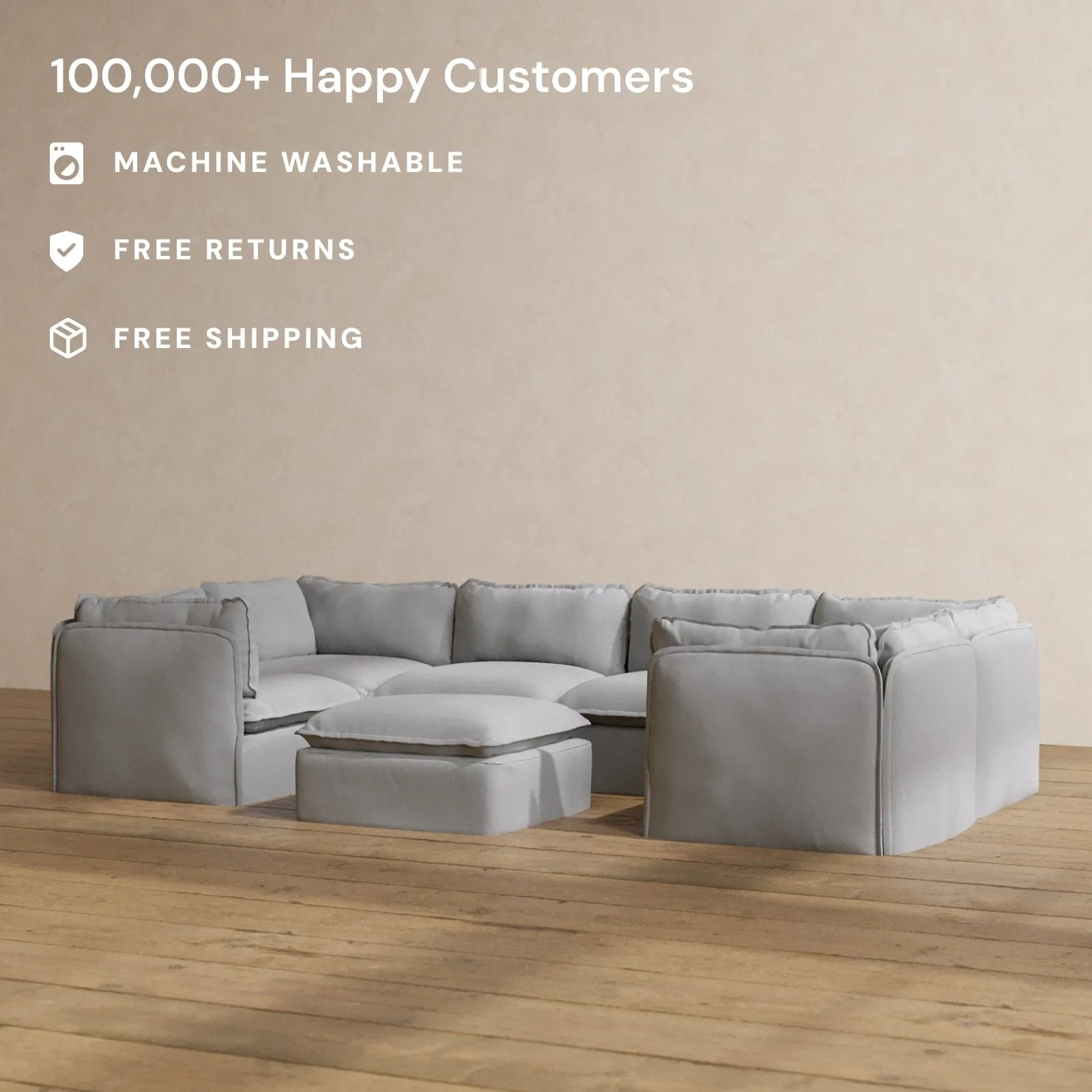 Slipcover Only - Modular Washable 6-Seater U-Sectional   Ottoman in Pumice