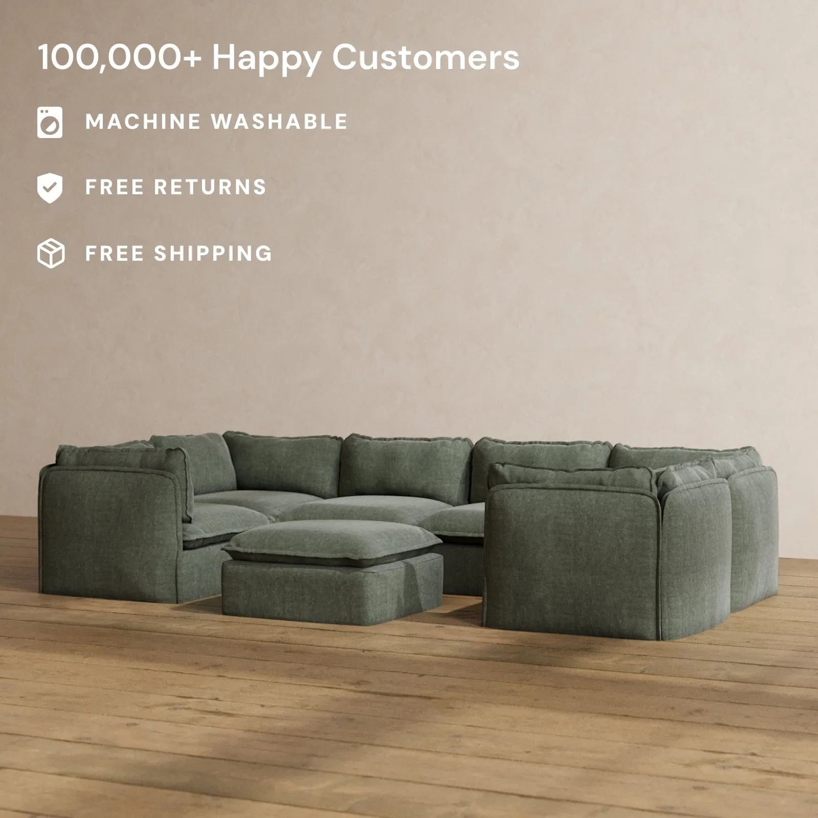 Slipcover Only - Modular Washable 6-Seater U-Sectional   Ottoman in Willow