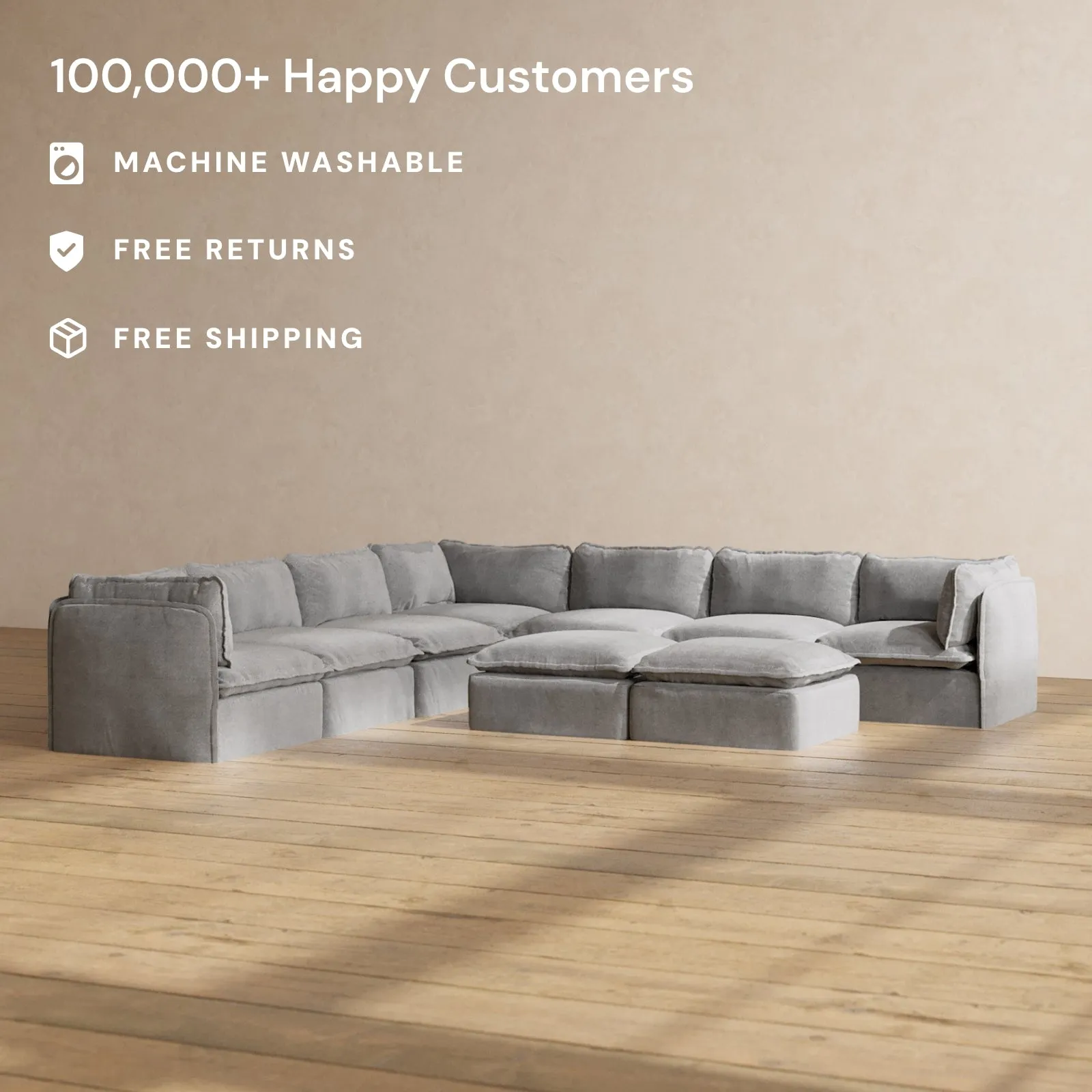 Slipcover Only - Modular Washable 7-Seater Corner Sectional   Bench Ottoman in Ash
