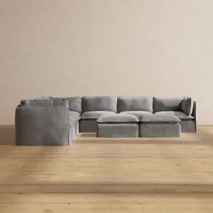 Slipcover Only - Modular Washable 7-Seater Corner Sectional   Bench Ottoman in Ash