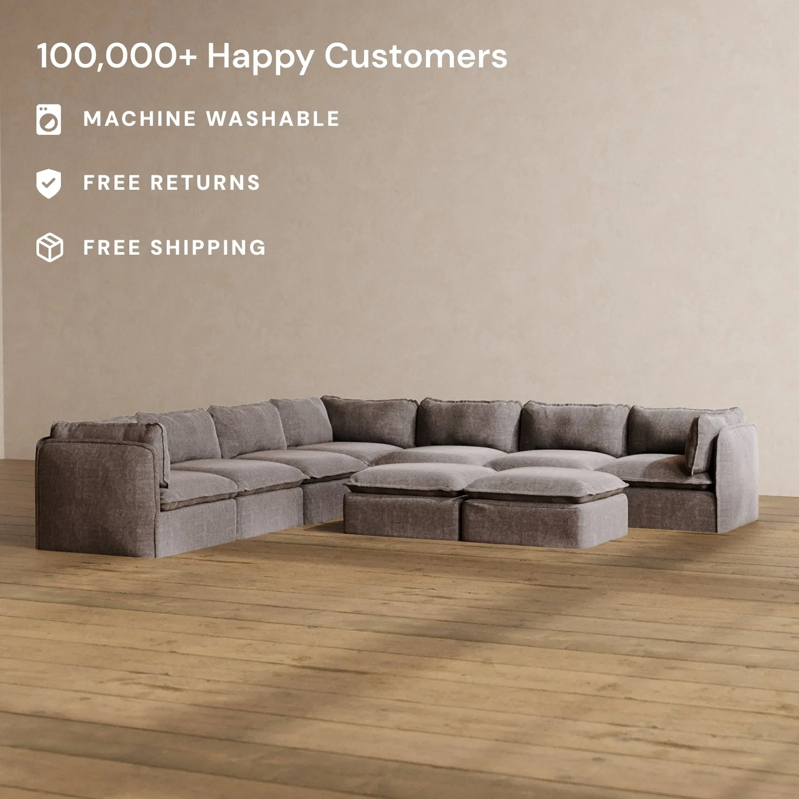 Slipcover Only - Modular Washable 7-Seater Corner Sectional   Bench Ottoman in Caviar