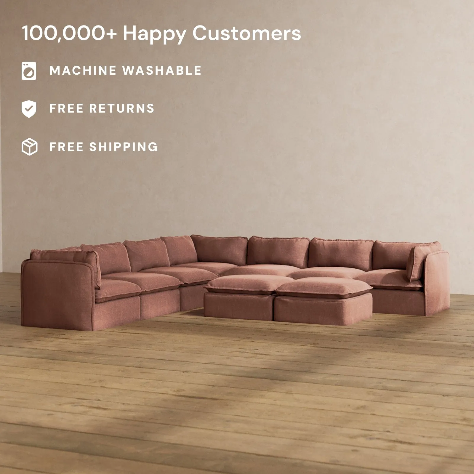 Slipcover Only - Modular Washable 7-Seater Corner Sectional   Bench Ottoman in Chestnut