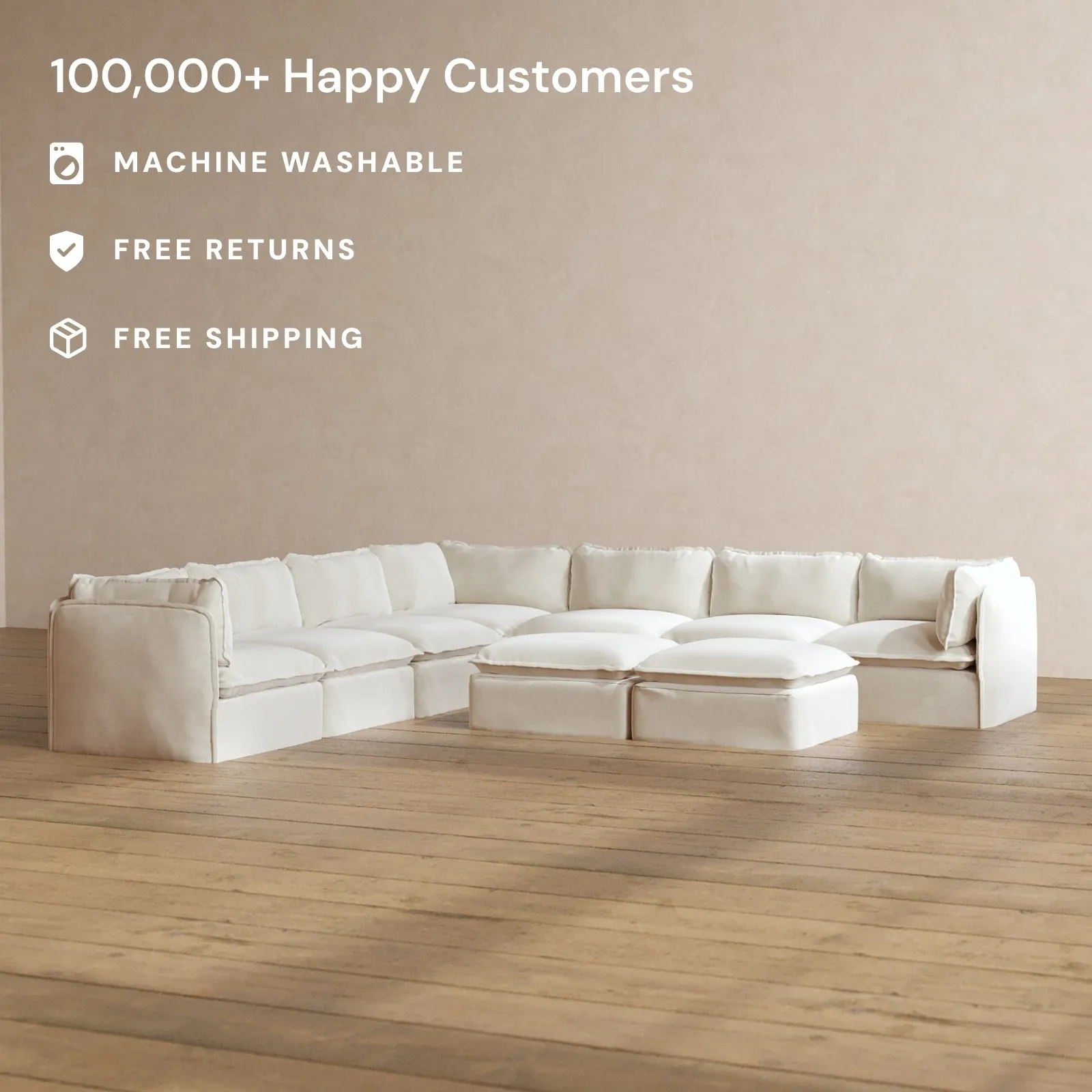 Slipcover Only - Modular Washable 7-Seater Corner Sectional   Bench Ottoman in Coco