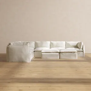 Slipcover Only - Modular Washable 7-Seater Corner Sectional   Bench Ottoman in Eggshell