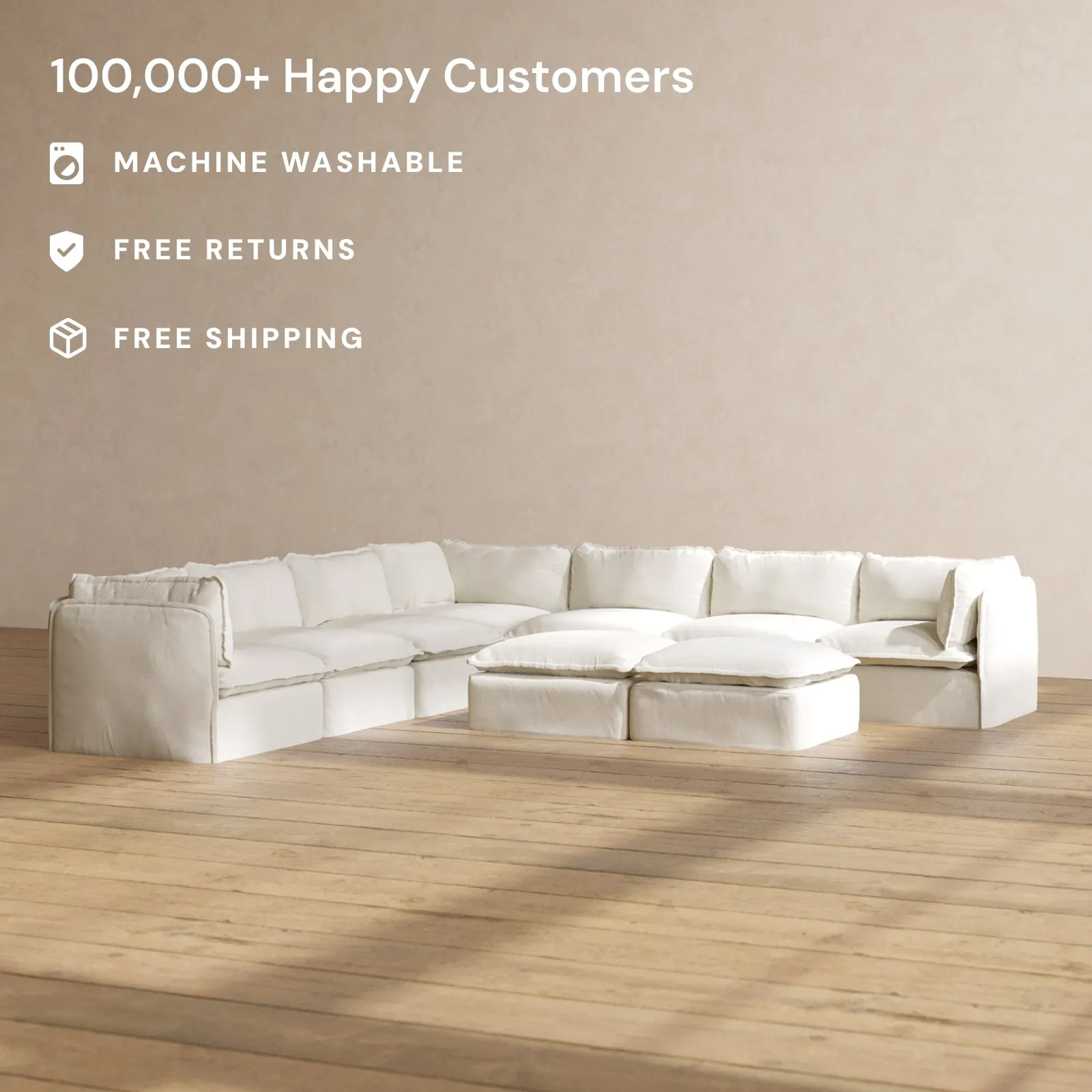 Slipcover Only - Modular Washable 7-Seater Corner Sectional   Bench Ottoman in Eggshell