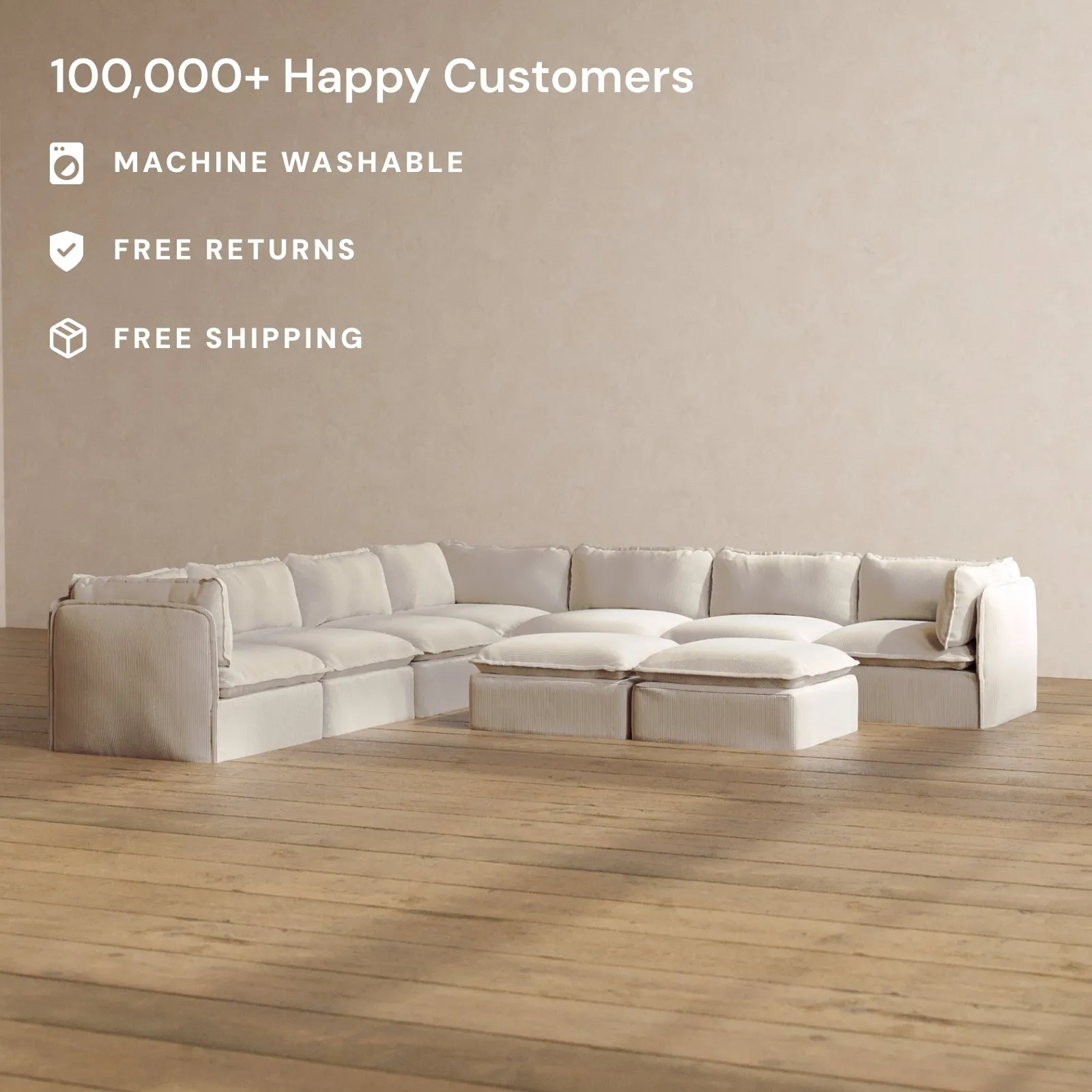 Slipcover Only - Modular Washable 7-Seater Corner Sectional   Bench Ottoman in Milk