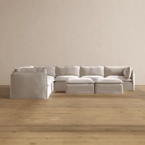 Slipcover Only - Modular Washable 7-Seater Corner Sectional   Bench Ottoman in Mist