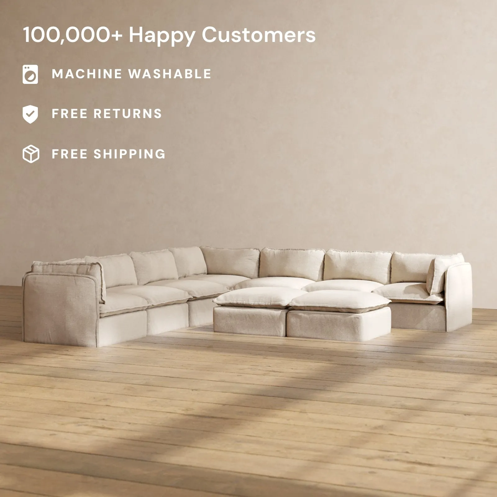 Slipcover Only - Modular Washable 7-Seater Corner Sectional   Bench Ottoman in Oat