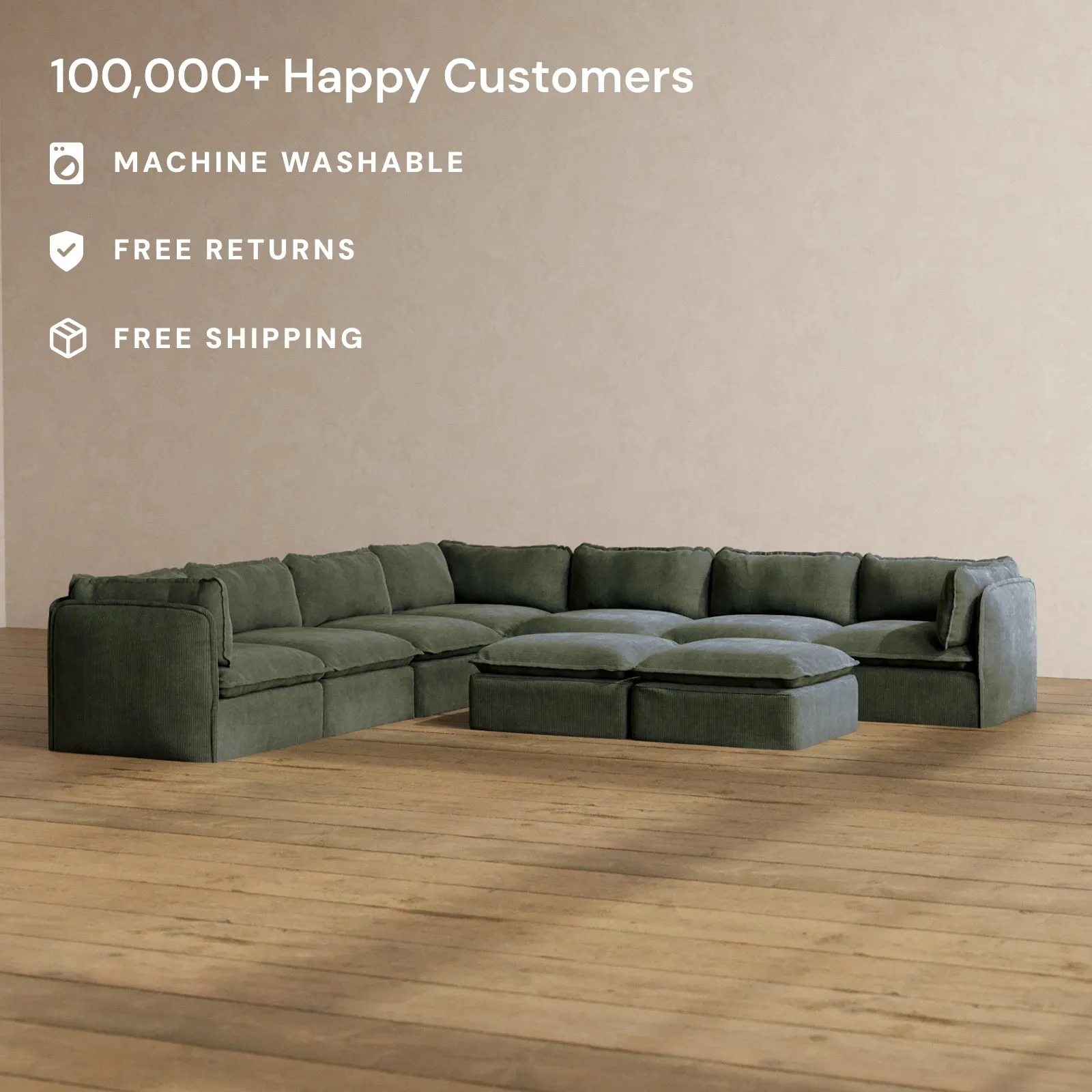 Slipcover Only - Modular Washable 7-Seater Corner Sectional   Bench Ottoman in Olivine