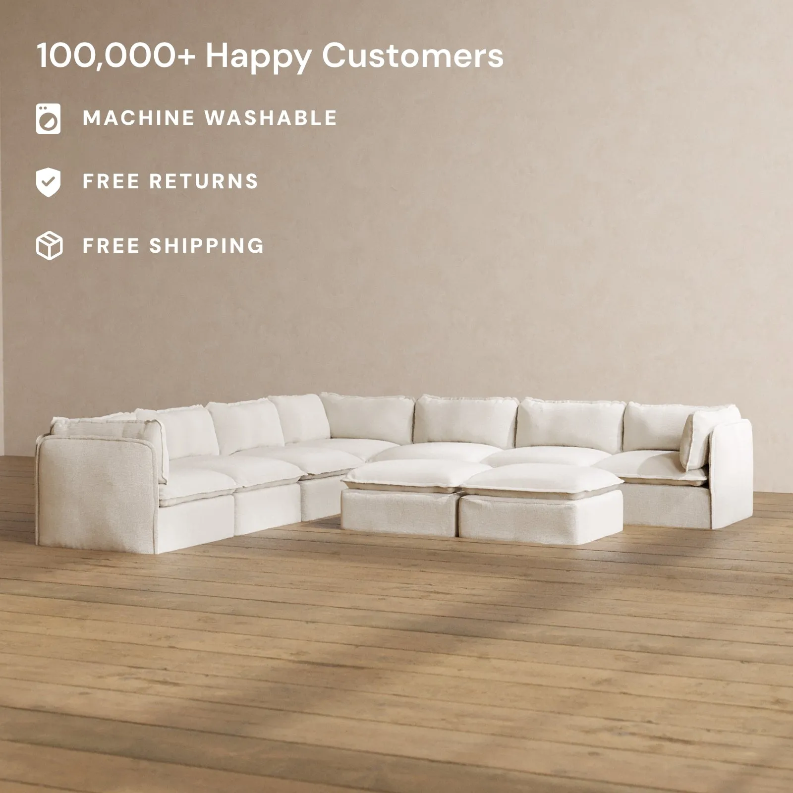 Slipcover Only - Modular Washable 7-Seater Corner Sectional   Bench Ottoman in Powder