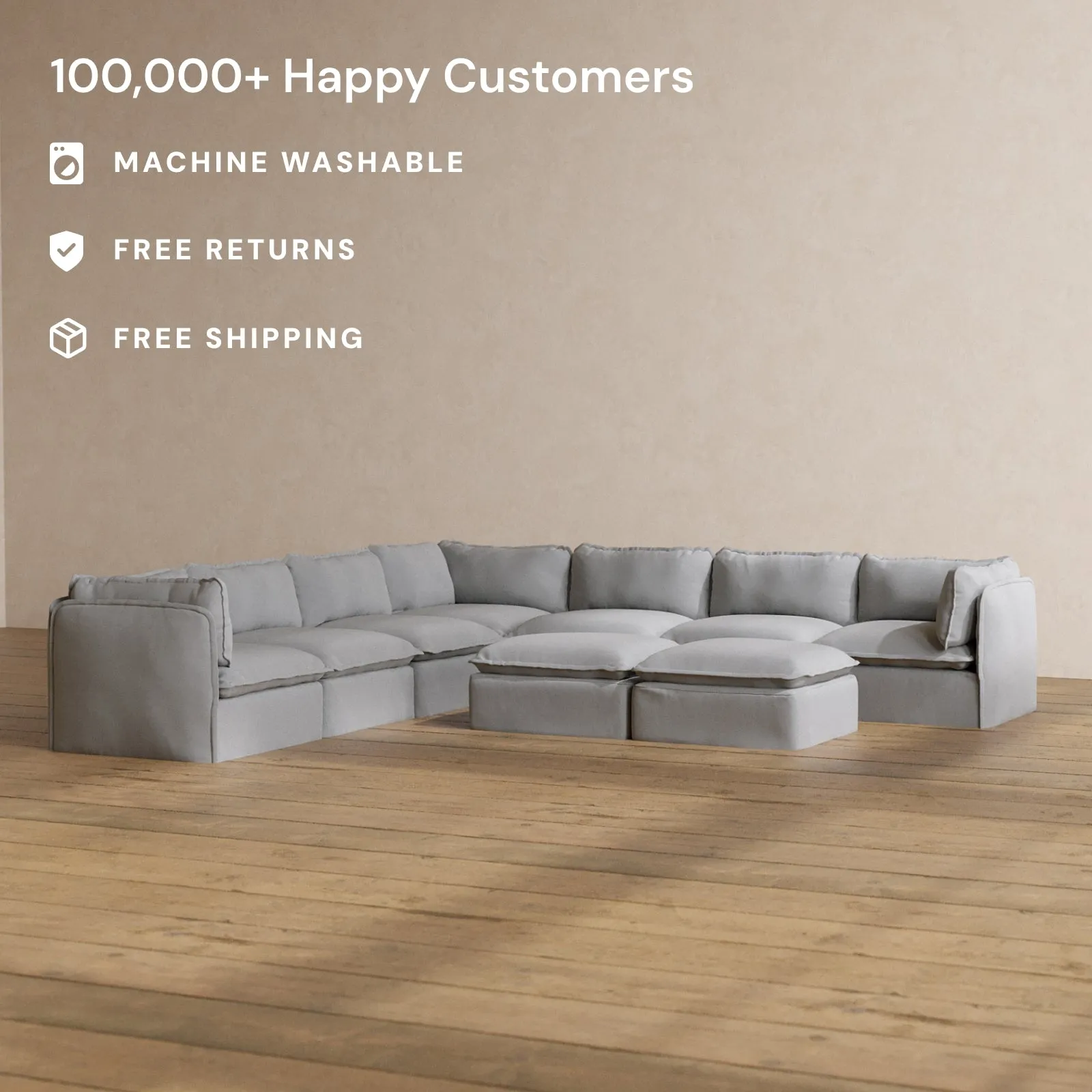 Slipcover Only - Modular Washable 7-Seater Corner Sectional   Bench Ottoman in Pumice