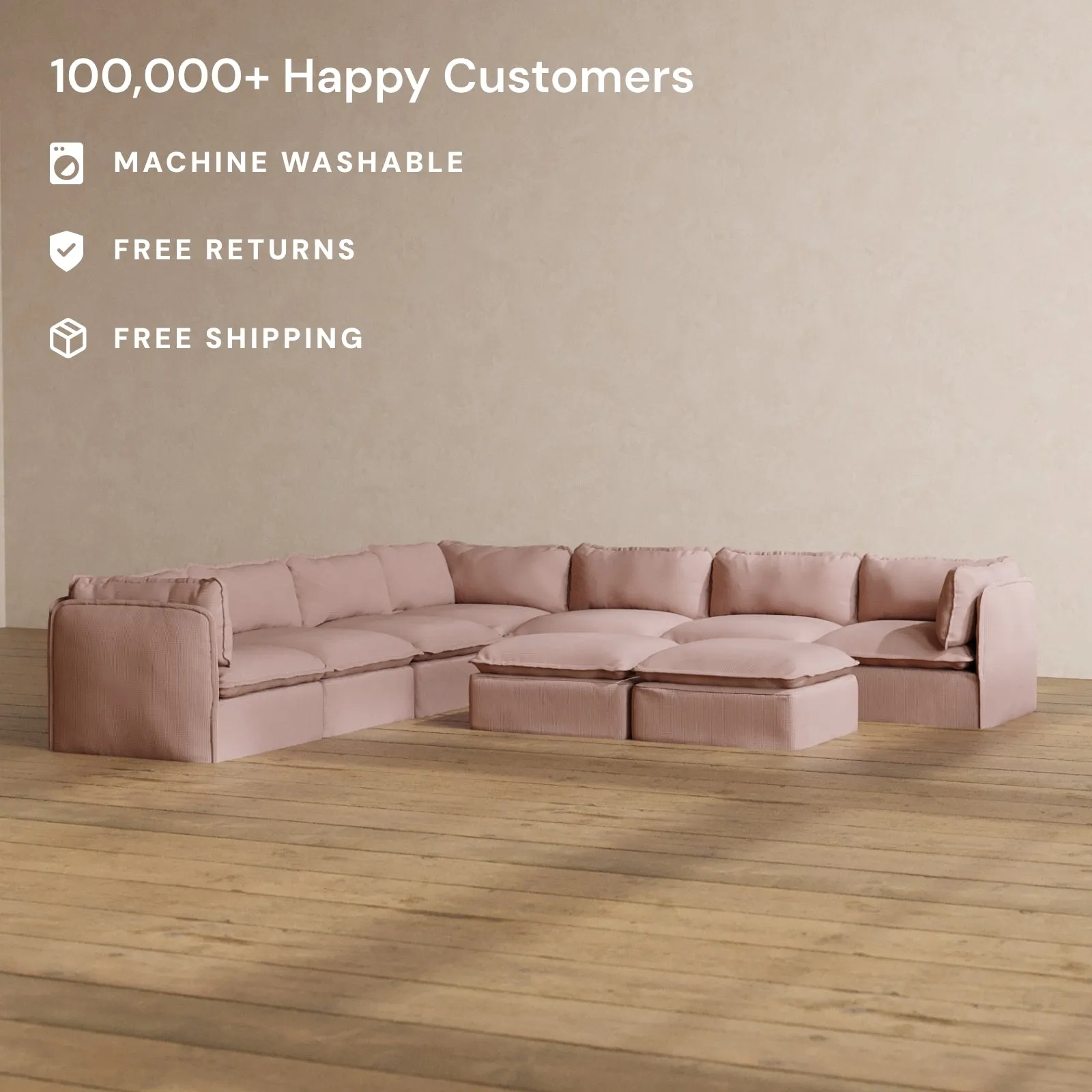 Slipcover Only - Modular Washable 7-Seater Corner Sectional   Bench Ottoman in Sakura